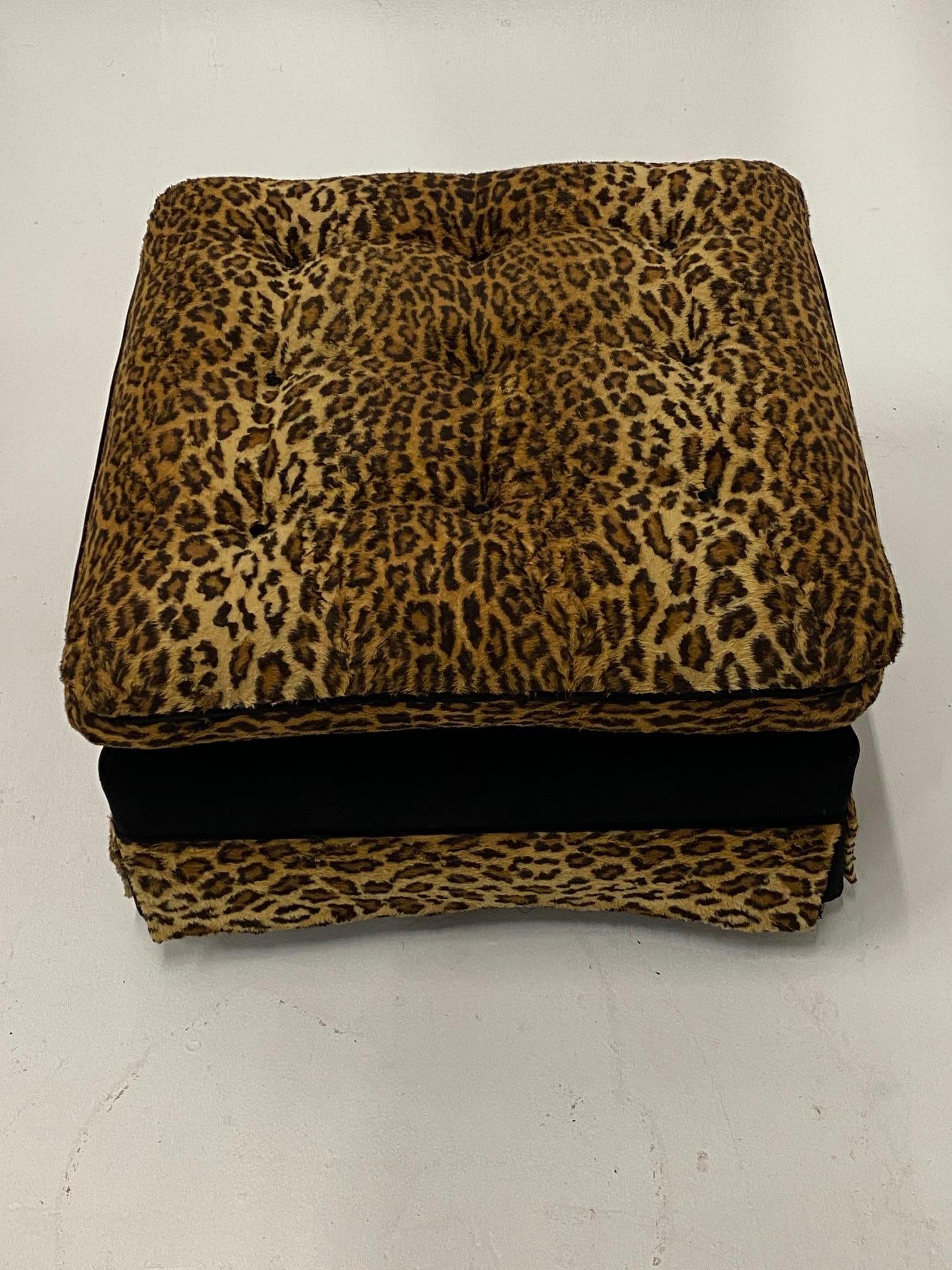 American Sensational Custom Made Black Cut Velvet and Animal Print Ottoman