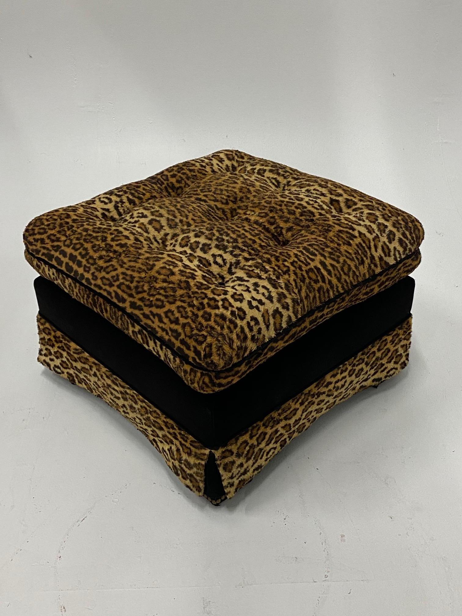 Late 20th Century Sensational Custom Made Black Cut Velvet and Animal Print Ottoman