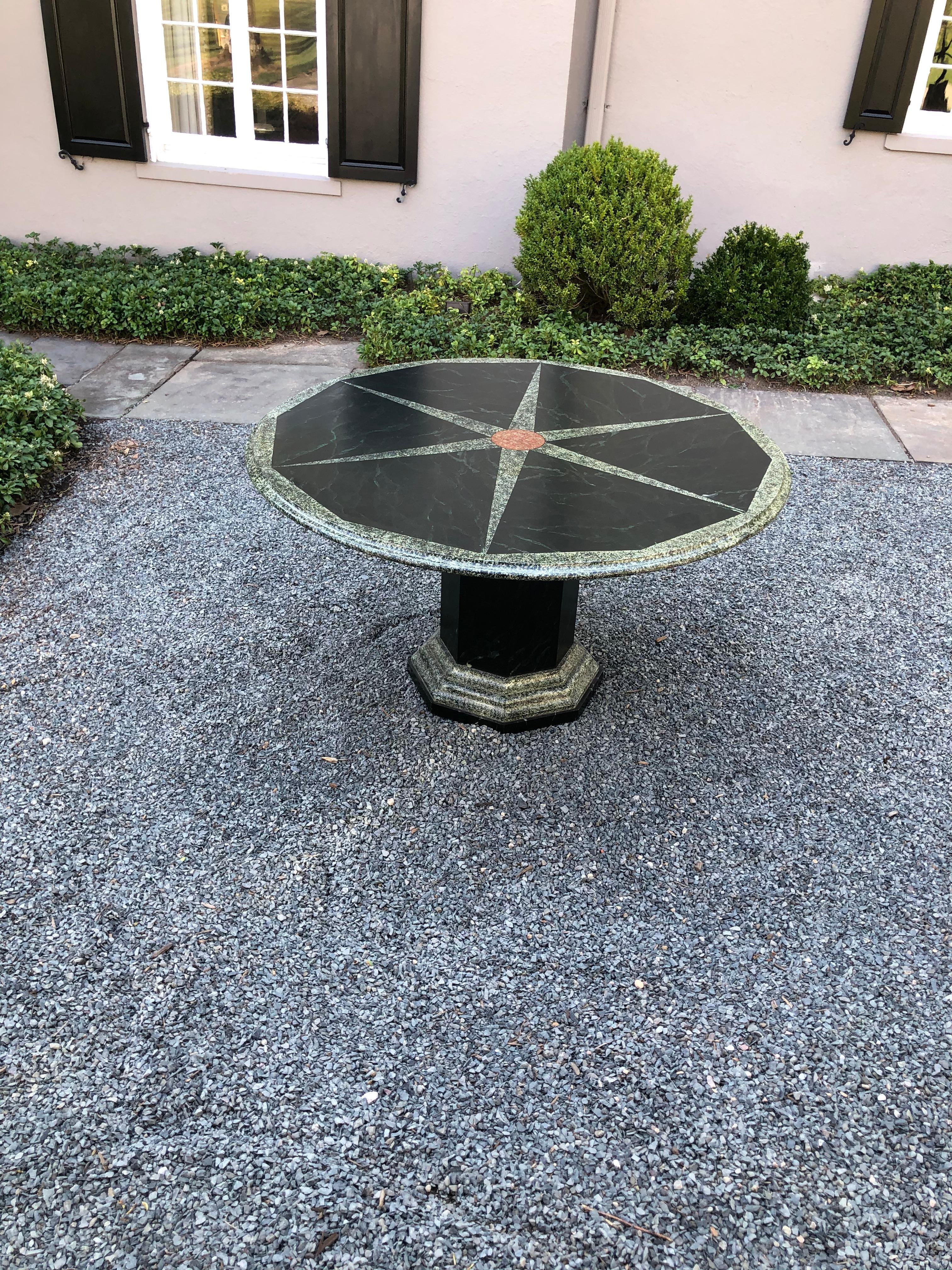 A very special faux painted center or dining table in polychrome painted wood having round top and pedestal base painted to simulate granite and green marble inlay. The pedestal base and top are both stamped “Graham Robeson Peintre 14 Crawford St.