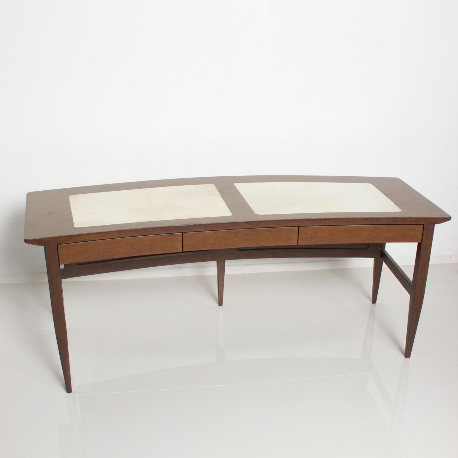 Mid-Century Modern Dramatic Curved DESK in Mahogany & Luxe Goatskin on Tapered Legs Mexico 1960s