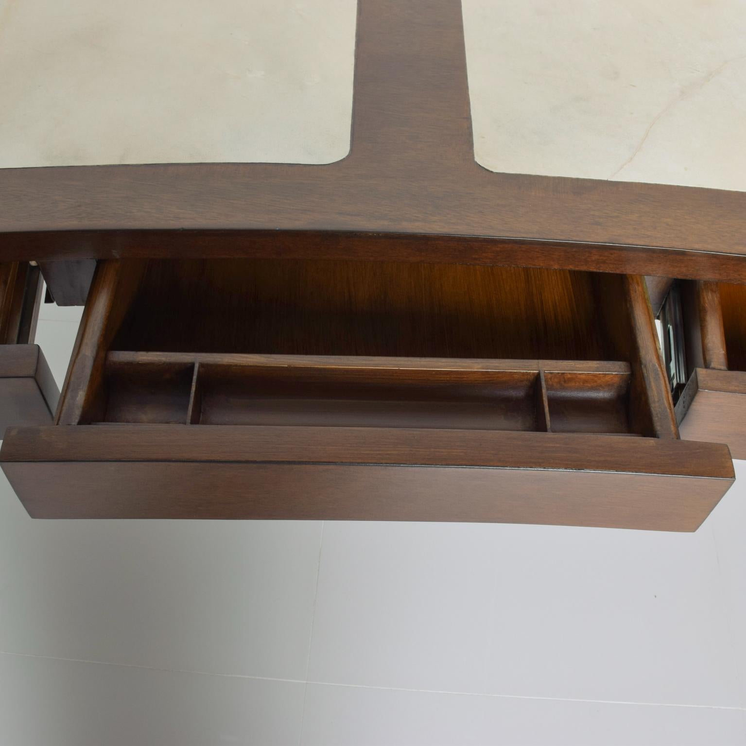 Mid-20th Century Dramatic Curved DESK in Mahogany & Luxe Goatskin on Tapered Legs Mexico 1960s