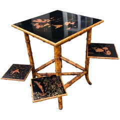 Sensational Faux Bamboo and Black Lacquer Side Table with Swivel Shelves