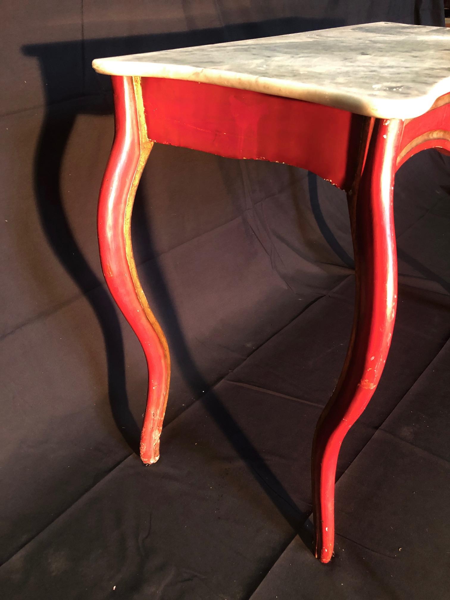 Sensational French Louis XV Cherry Red Painted Console with Carrera Marble In Good Condition In Hopewell, NJ