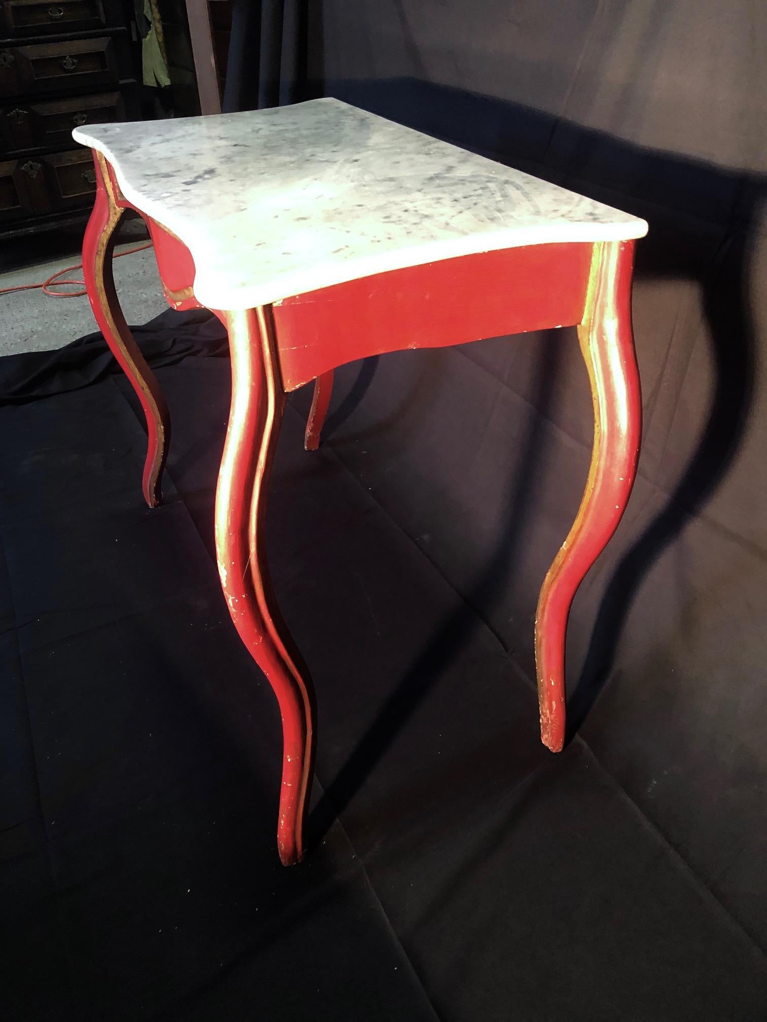 Mid-20th Century Sensational French Louis XV Cherry Red Painted Console with Carrera Marble
