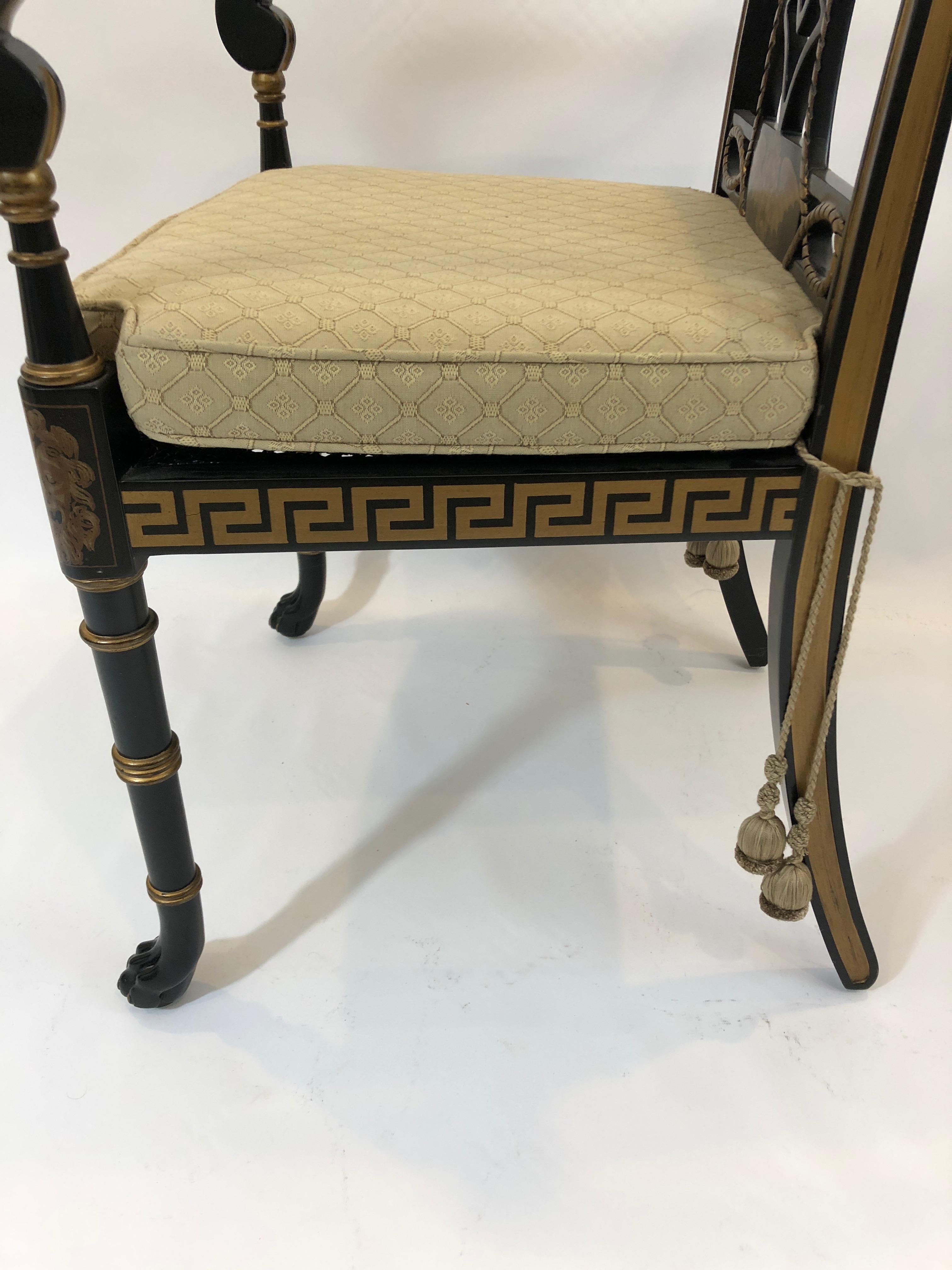 Late 20th Century Sensational Greek Key Motif Regency Style Arm Chair Club Chair with Caned Seat