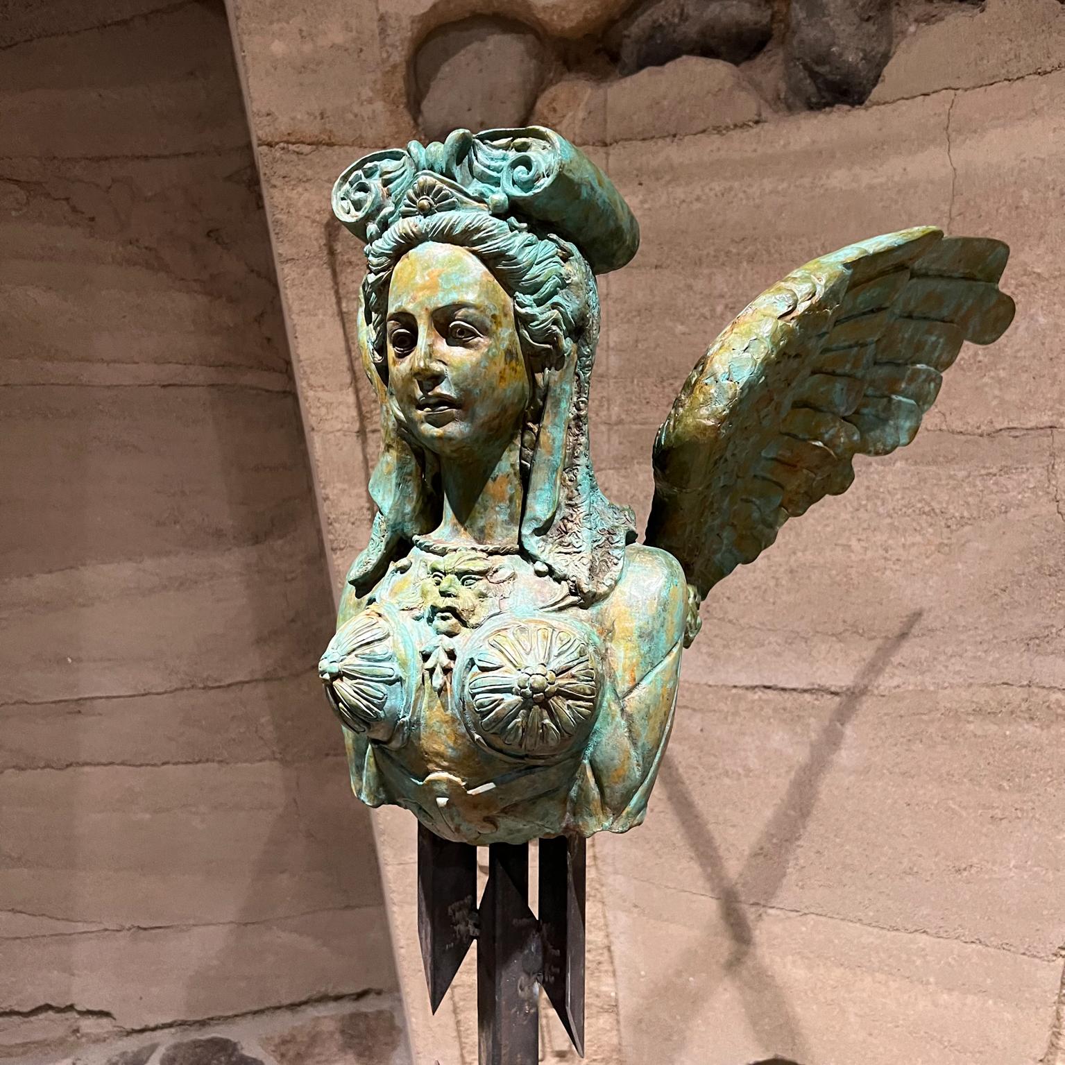 Sensational Greek Sphinx Verdigris Sculpture Female Bronze and Forged Steel In Good Condition For Sale In Chula Vista, CA