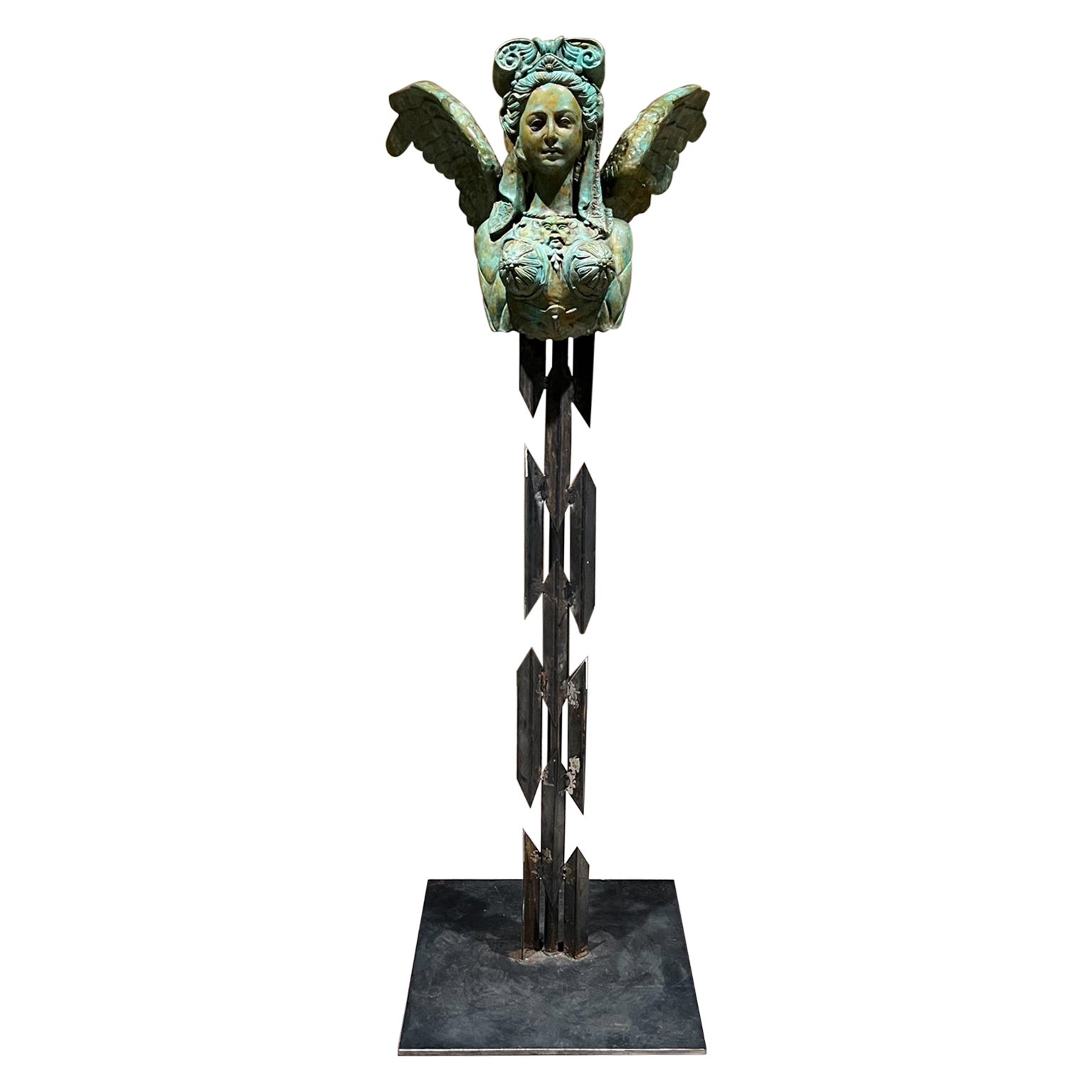 Sensational Greek Sphinx Verdigris Sculpture Female Bronze Forged Steel
