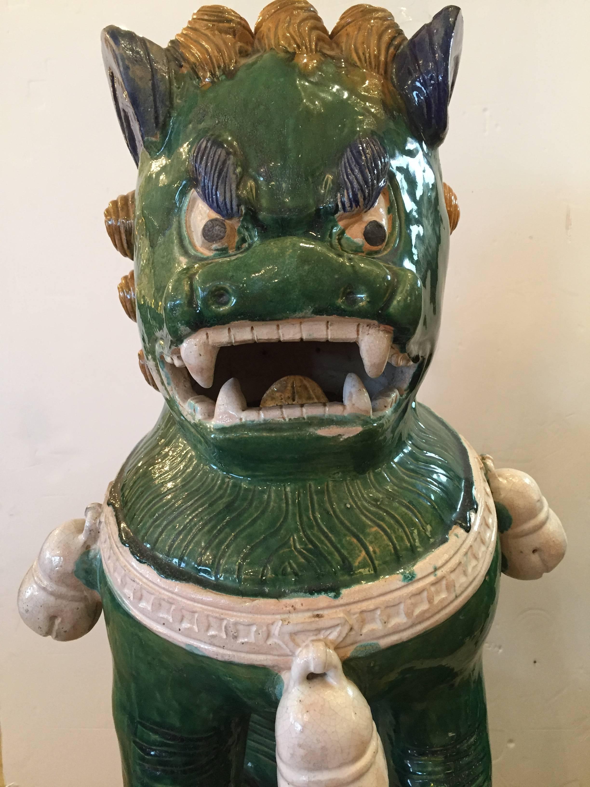 Early 20th Century Sensational Huge Ceramic Pair of Chinese Foo Dog Sculptures