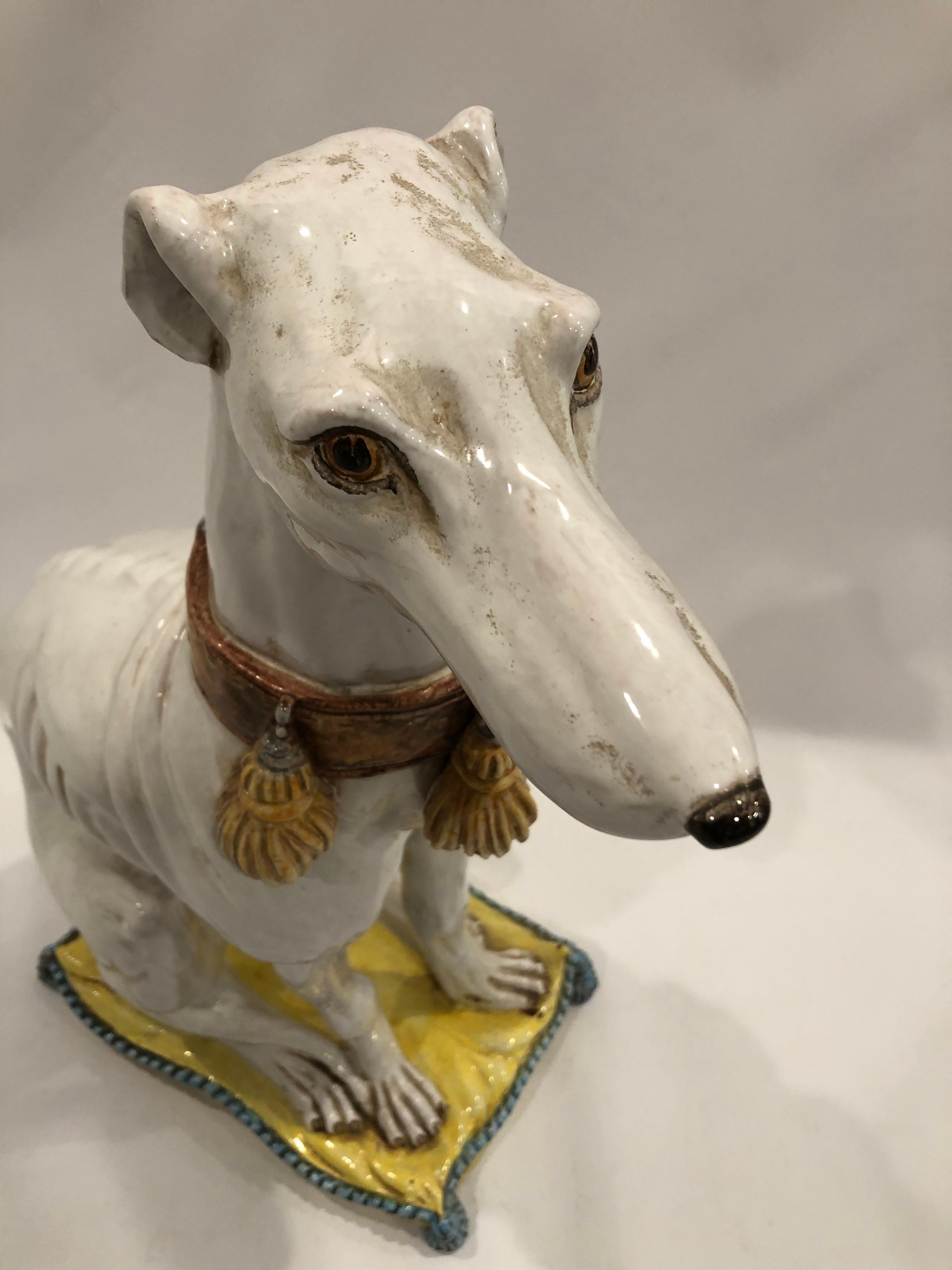 Sensational Italian Glazed Terracotta Stylized Whippet Dog Sculpture In Good Condition In Hopewell, NJ
