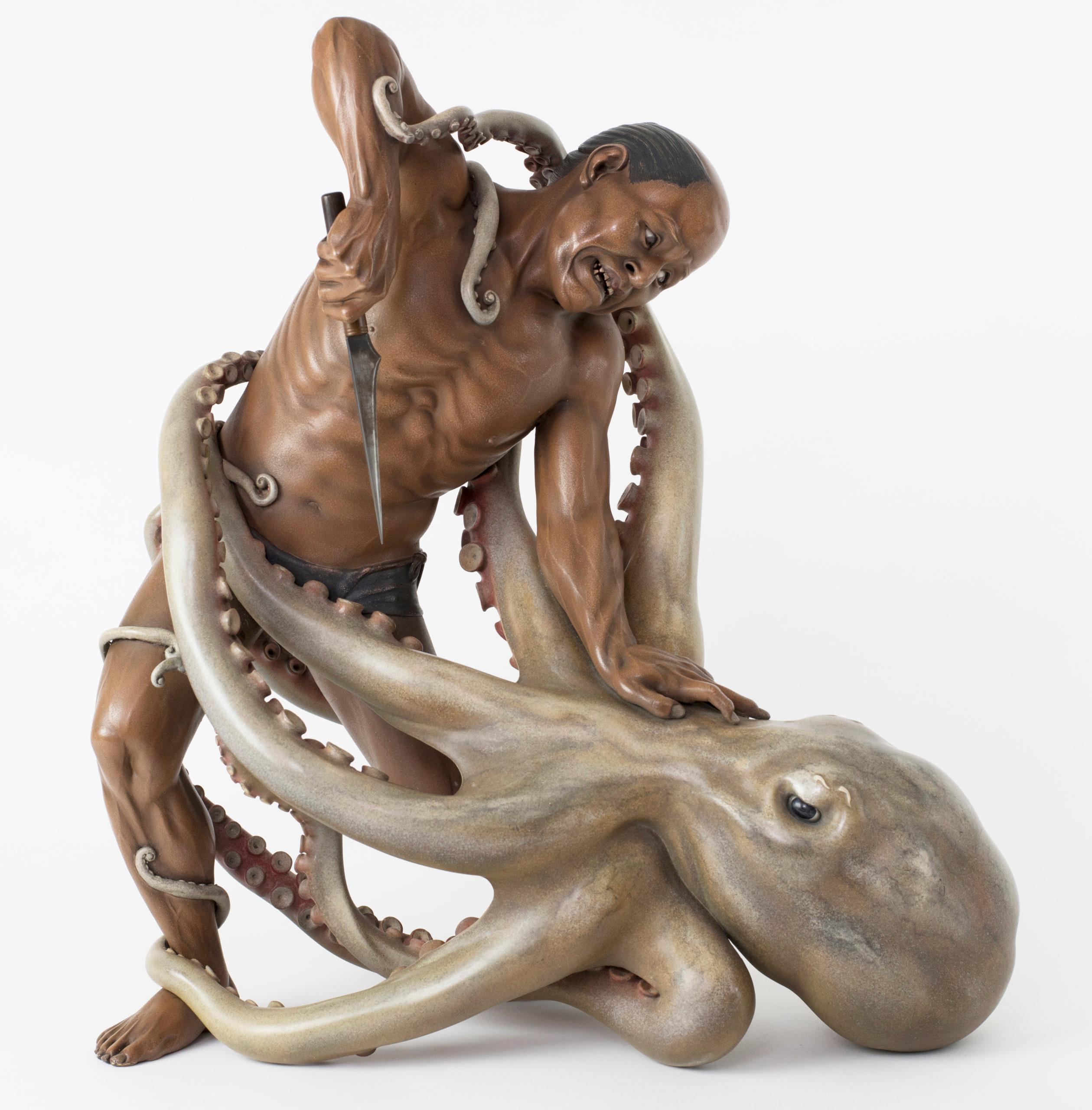 Sensational Japanese Wood & Lacquer Octopus Group - Iki Ningyo   For Sale 5