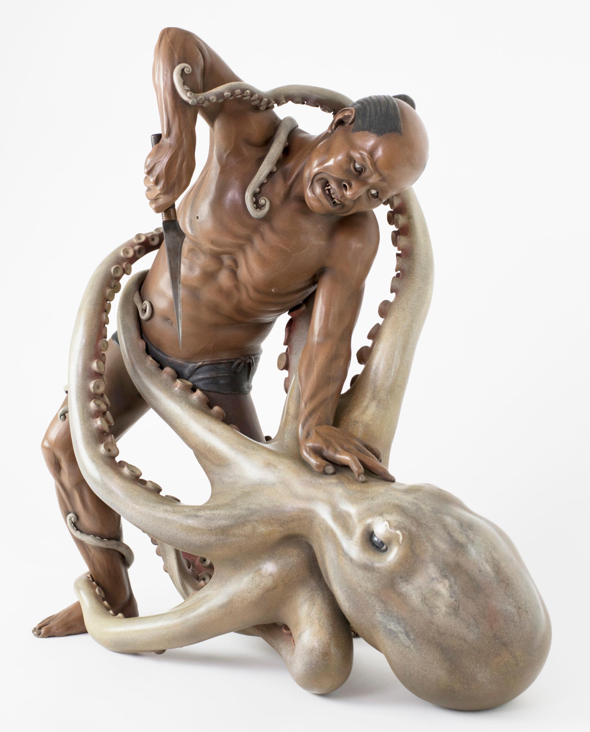 Meiji Sensational Japanese Wood & Lacquer Octopus Group - Iki Ningyo   For Sale