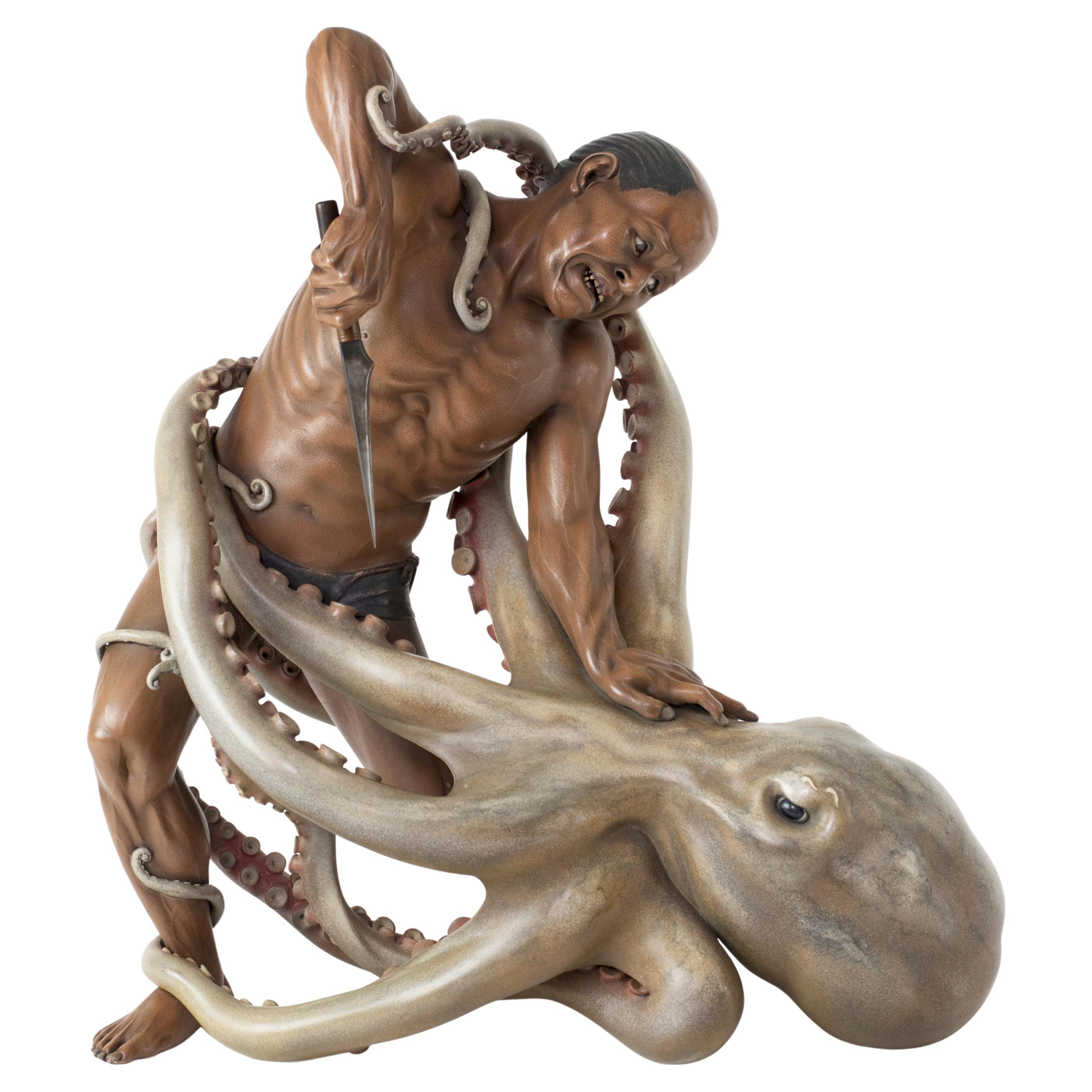 Sensationale japanische Octopus-Gruppe aus Holz und Lack – Iki Ningyo  