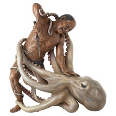Antique Sensational Japanese Wood & Lacquer Octopus Group - Iki Ningyo  