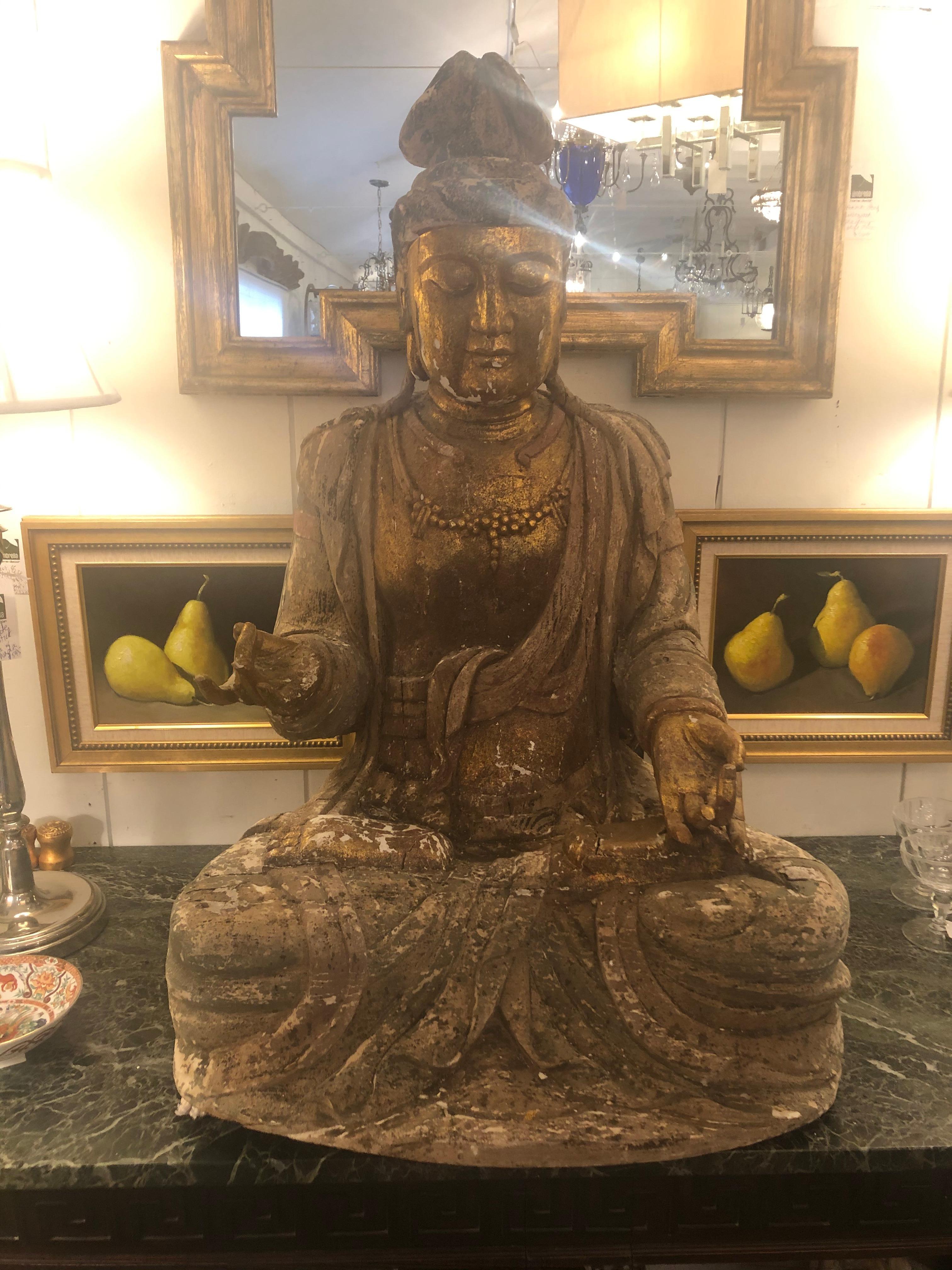 Gilt Sensational Large Antique Chinese Carved Gilded Wooden Buddha