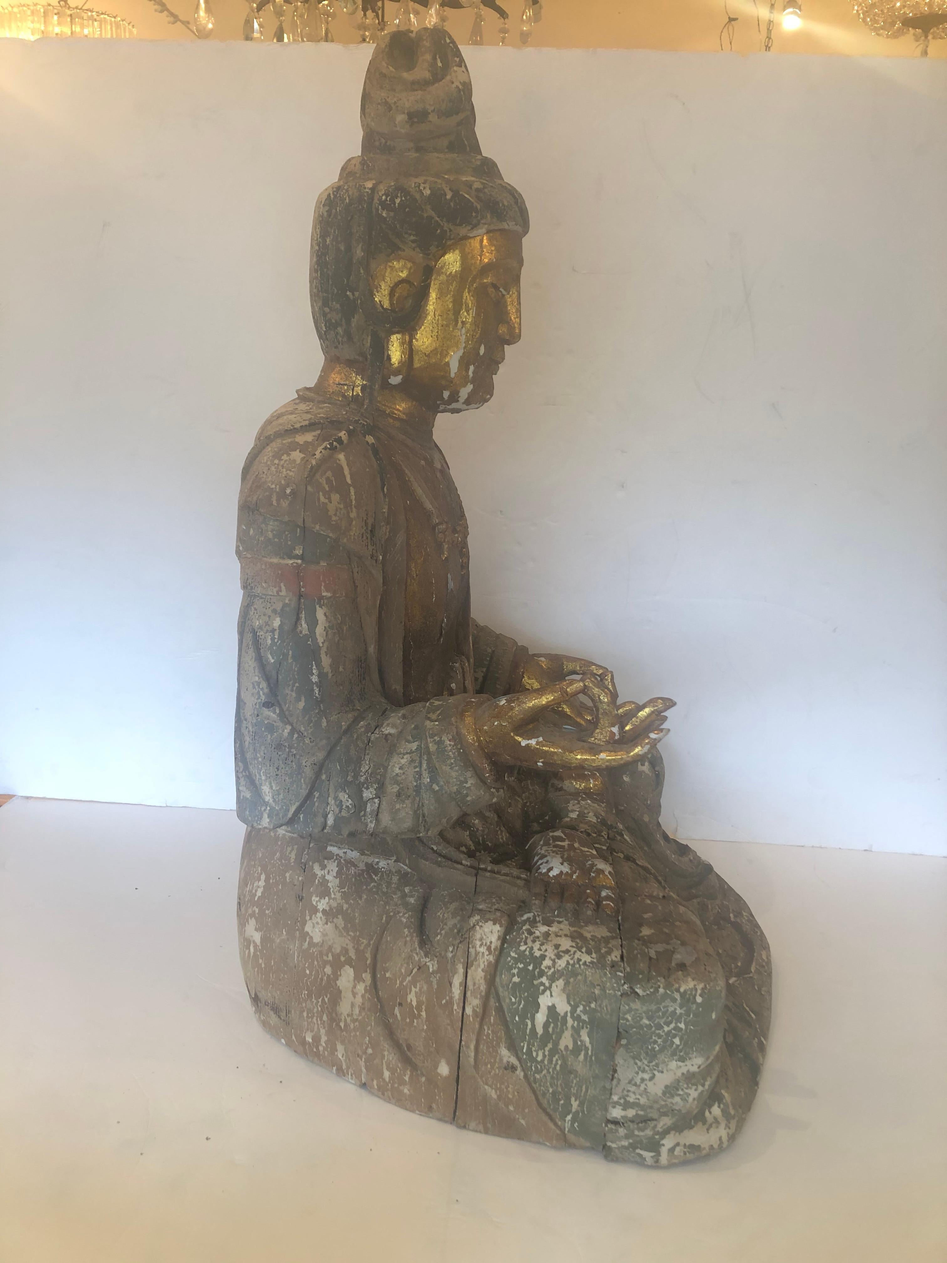 Sensational Large Antique Chinese Carved Gilded Wooden Buddha 3