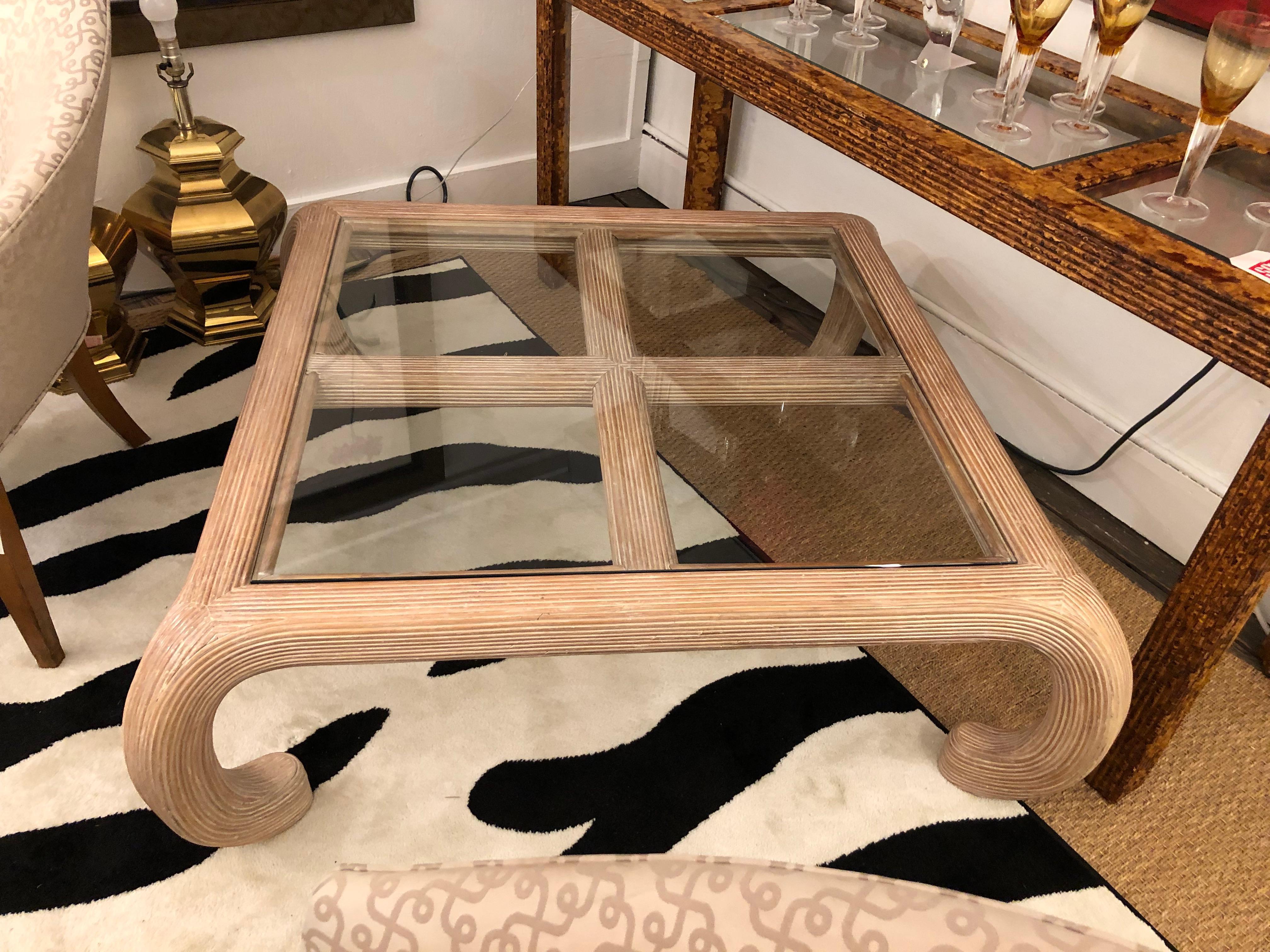 American Sensational Large Square Split Reed & Glass Coffee Table For Sale