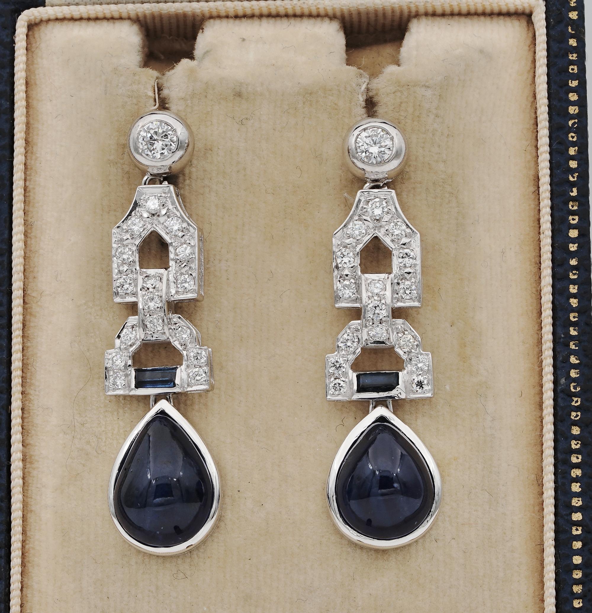 Elegance at Peak

These superbly designed late Art Deco Diamond and Sapphire earrings are for sure A MUST HAVE at any collection
Exquisitely hand crafted during the late Art Deco Period, of solid 14 Kt white gold - marked
The earrings prize
