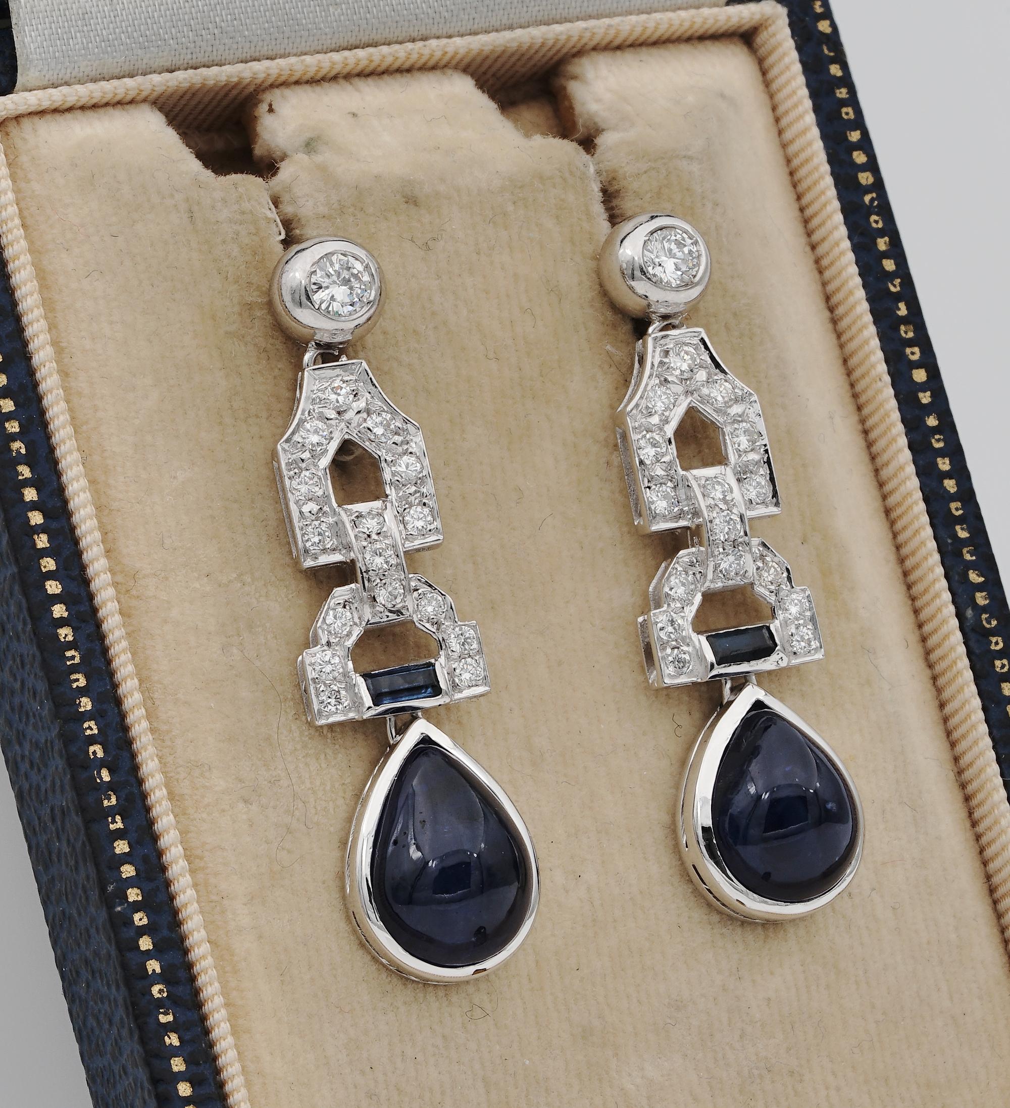 Sensational Late Art Deco Natural Sapphire and Diamond Ear Drops In Good Condition For Sale In Napoli, IT