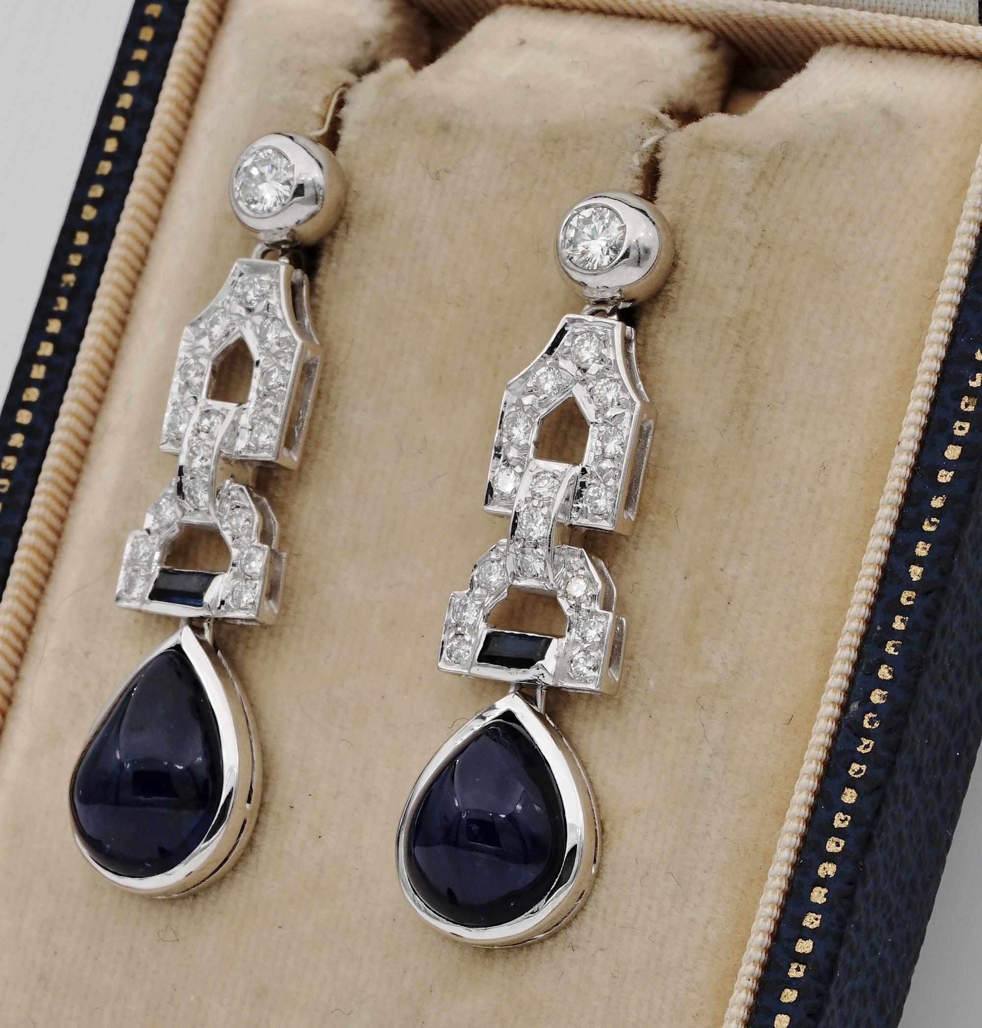 Sensational Late Art Deco Natural Sapphire and Diamond Ear Drops For Sale 1