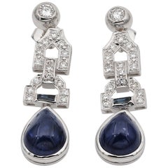 Sensational Late Art Deco Natural Sapphire and Diamond Ear Drops