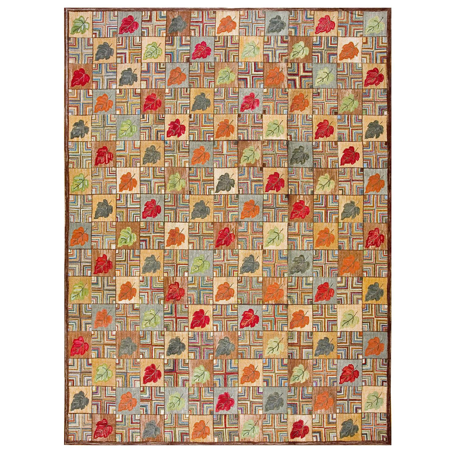 Sensational Leaves-Geometric Pattern Contemporary Handmade American Hooked Rug For Sale