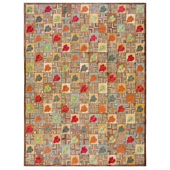 Sensationeller Blätter-Geometrisches Muster Zeitgenössischer Handgefertigter Amerikanischer Hakenteppich