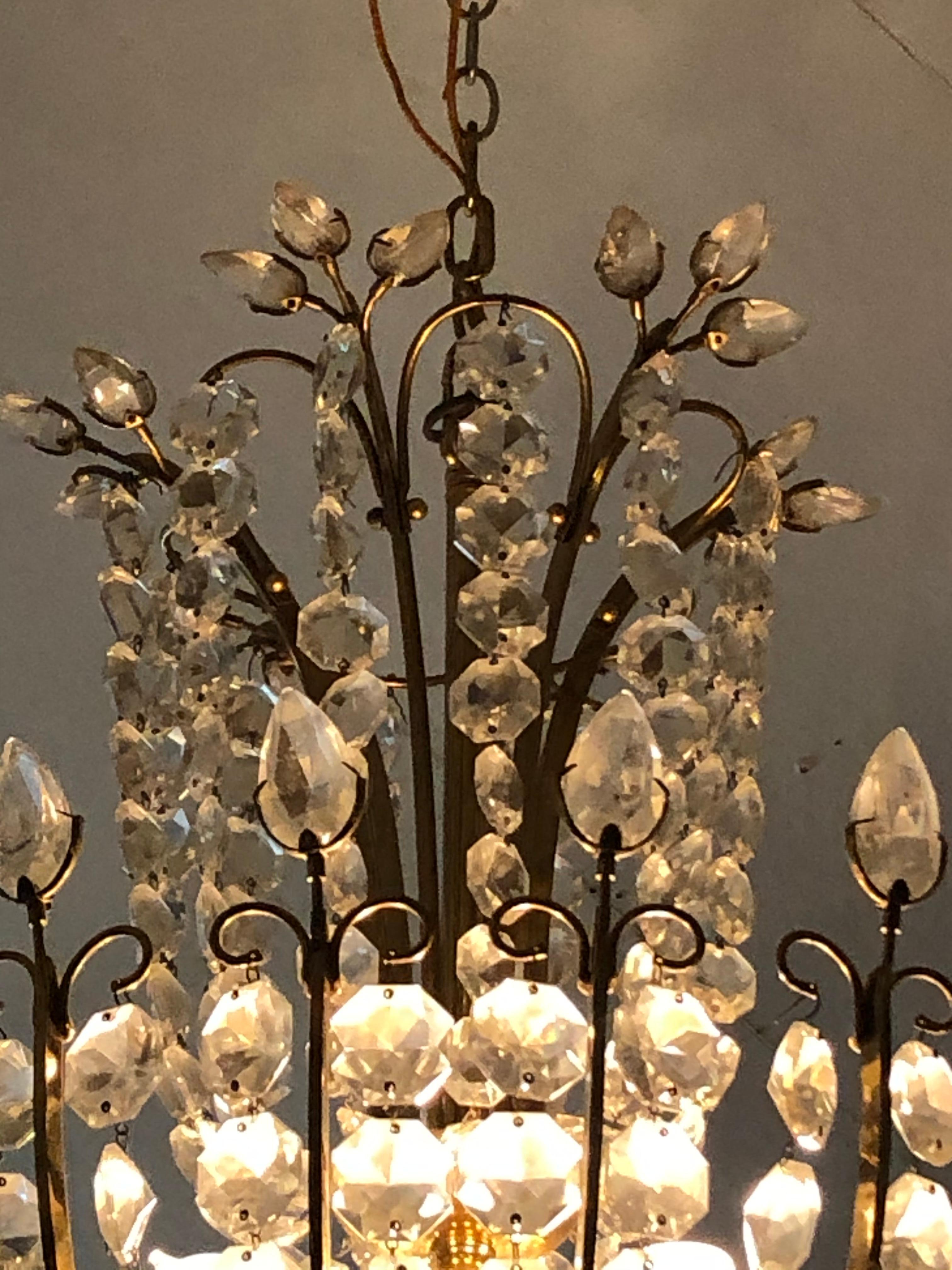A wonderfully shaped glamorous Italian chandelier having special details such as leaf shaped crystals adorning the top, a rounded crystal cage at the bottom with tiny accent light, and 8 interior bulbs so lots of light available. A added flourish is