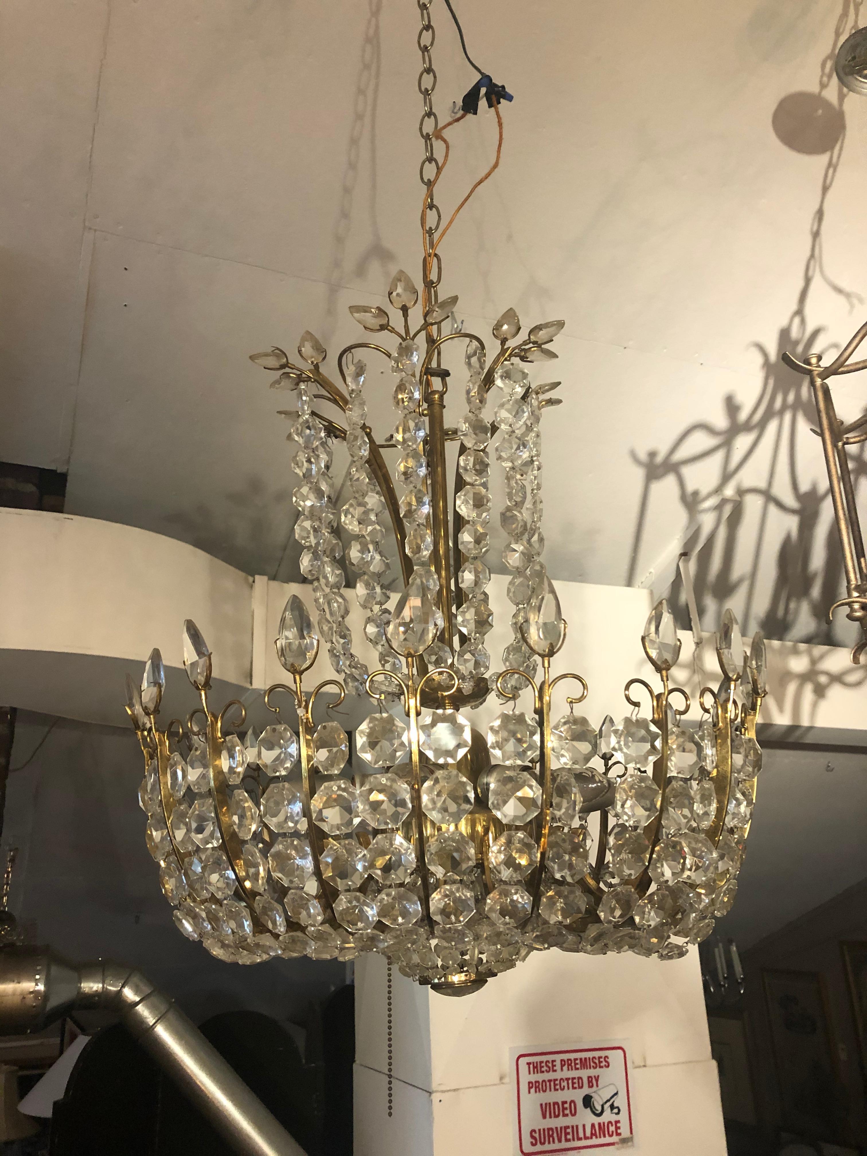 Brass Sensational Mid-Century Modern Cascading Crystal Chandelier For Sale