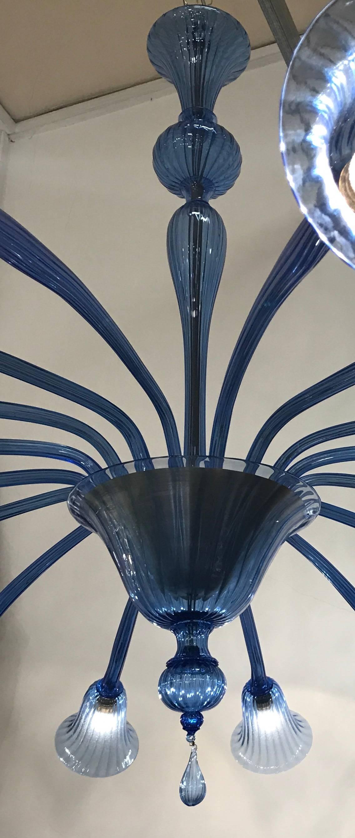 Art Deco Sensational Original Venini Chandelier with Light Blue Blown Glass, 1920
