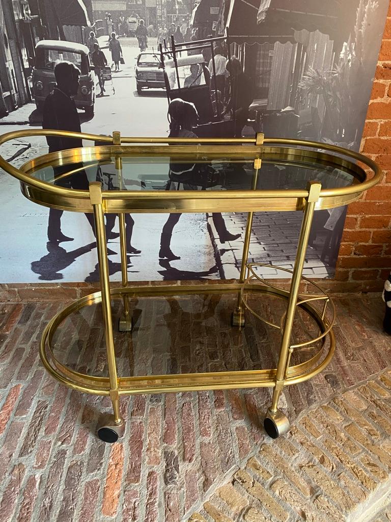 Sensational Oval Shaped Two-Tier Brass Italian Tea or Bar Cart 80's For Sale 6