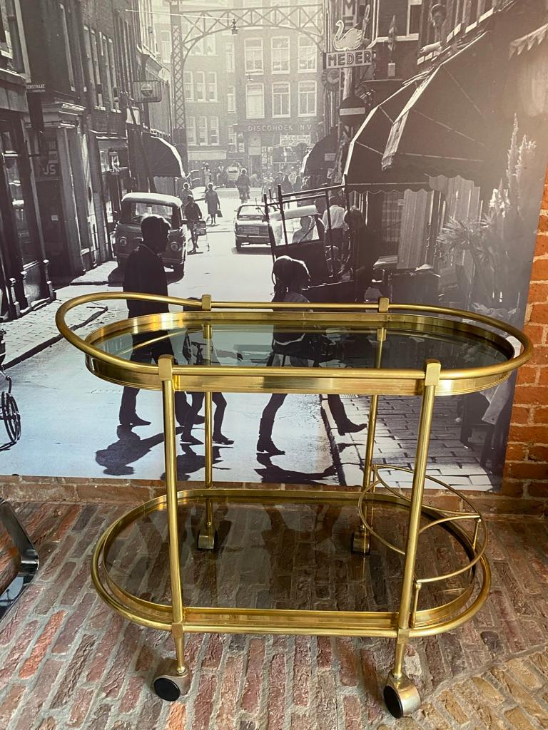 Metalwork Sensational Oval Shaped Two-Tier Brass Italian Tea or Bar Cart 80's For Sale