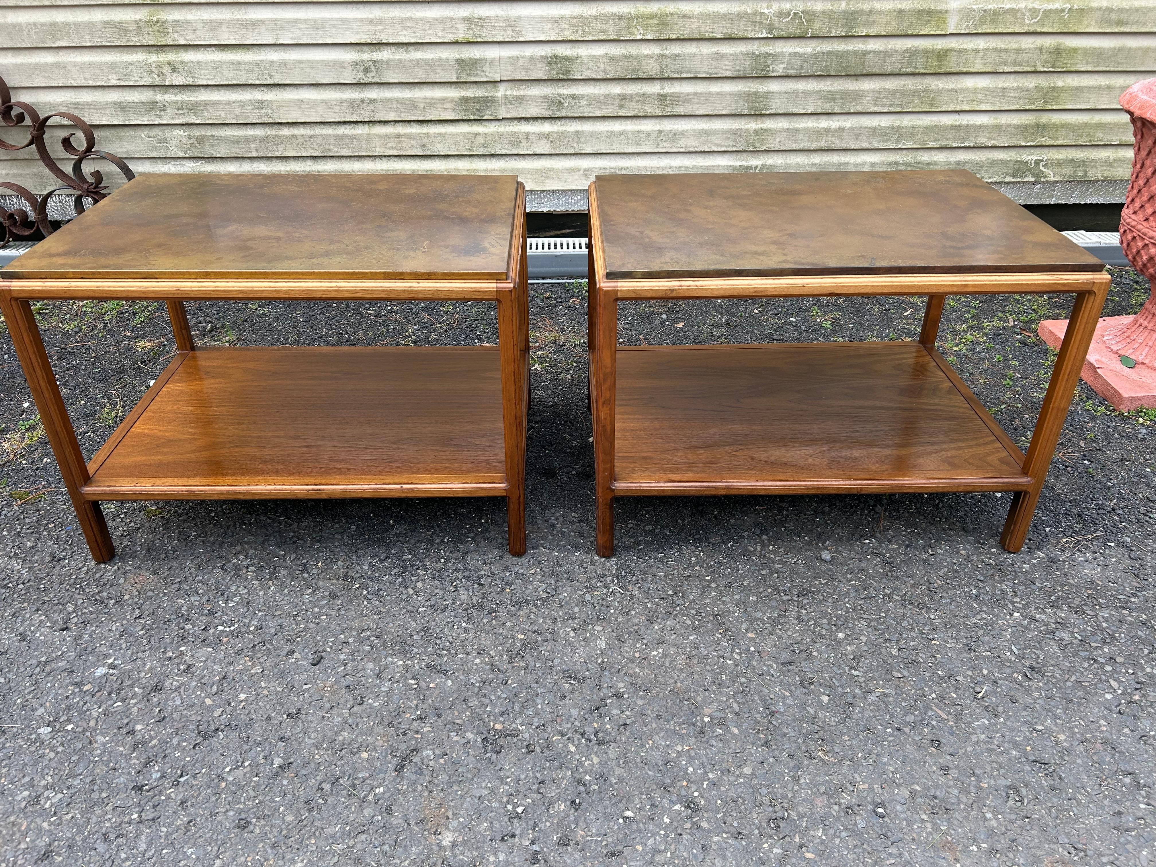 Sensational pair of John Stuart copper top 2 tiered end tables.  We love the patinated copper tops with the well crafted frames and 2nd level-very stylish.  These measure 21