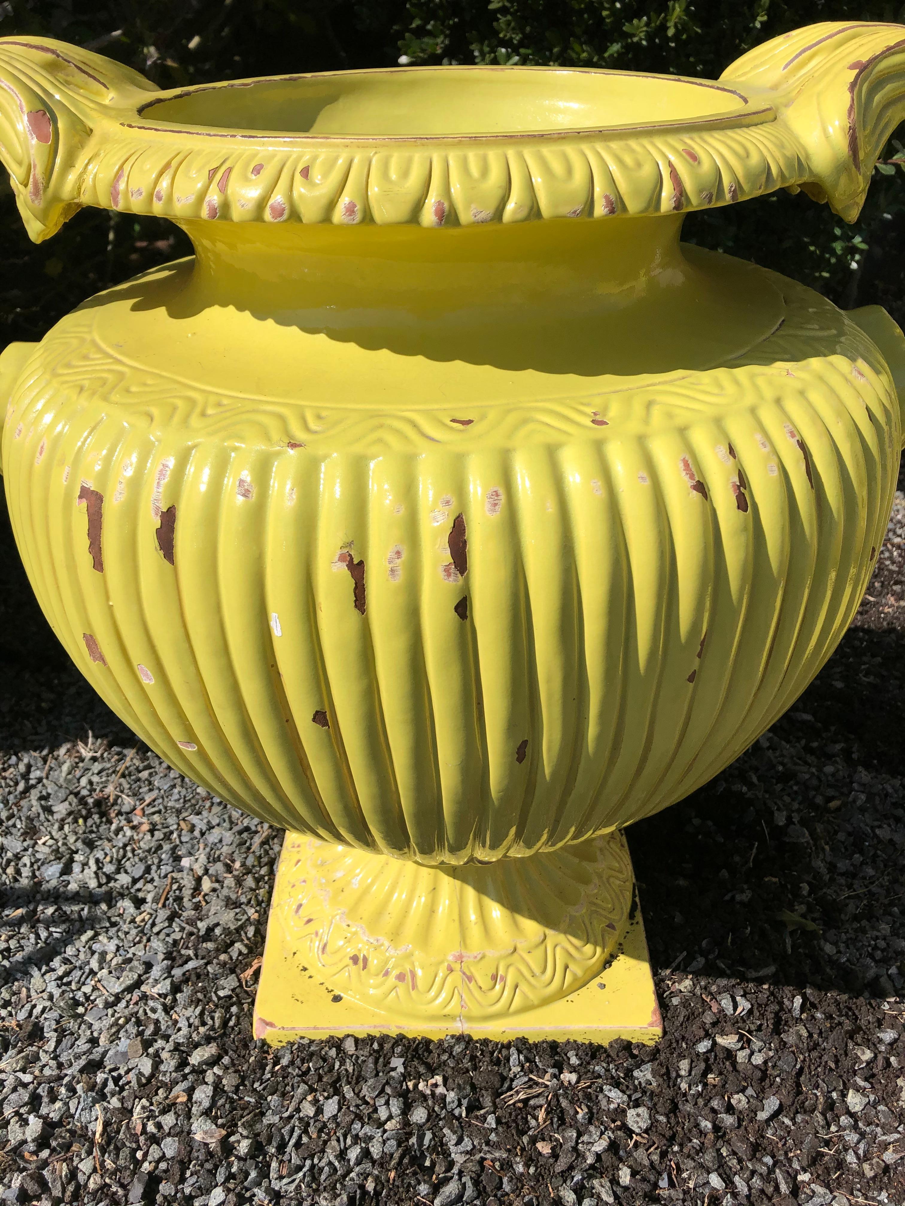 Neoclassical Sensational Pair of Bright Yellow Ceramic Vintage Handled Planter Jardinières