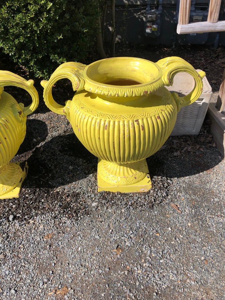 Sensational Pair of Bright Yellow Ceramic Vintage Handled Planter