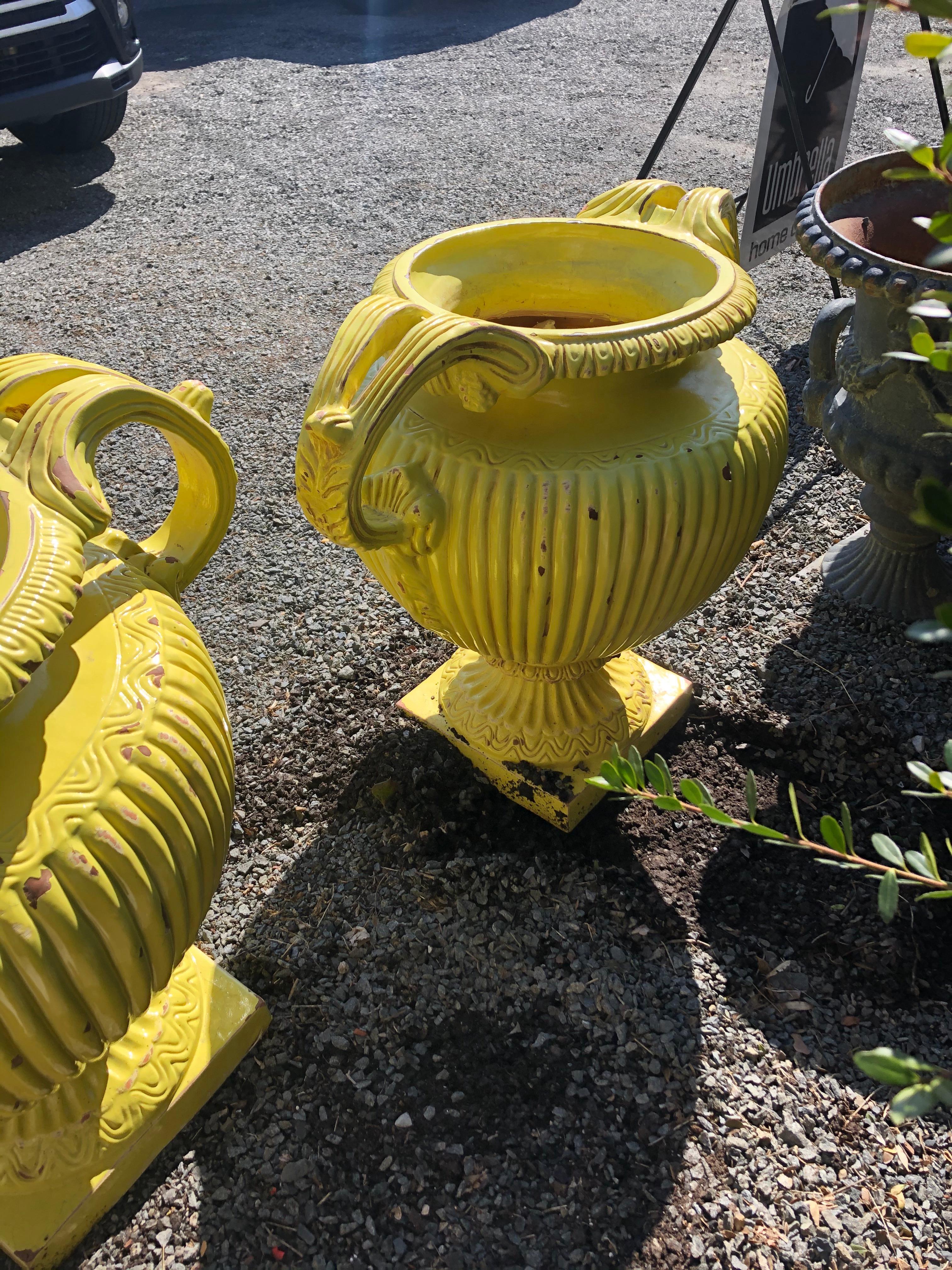 Sensational Pair of Bright Yellow Ceramic Vintage Handled Planter Jardinières In Good Condition In Hopewell, NJ