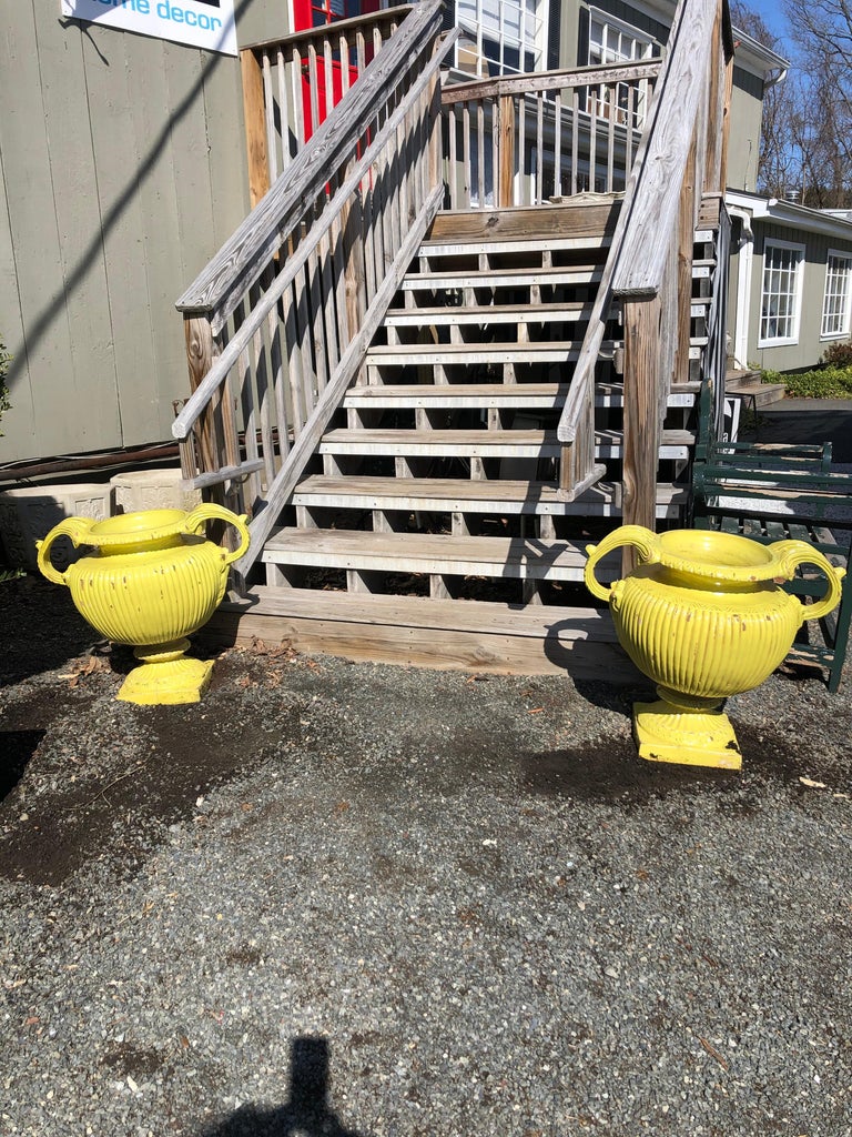 Sensational Pair of Bright Yellow Ceramic Vintage Handled Planter