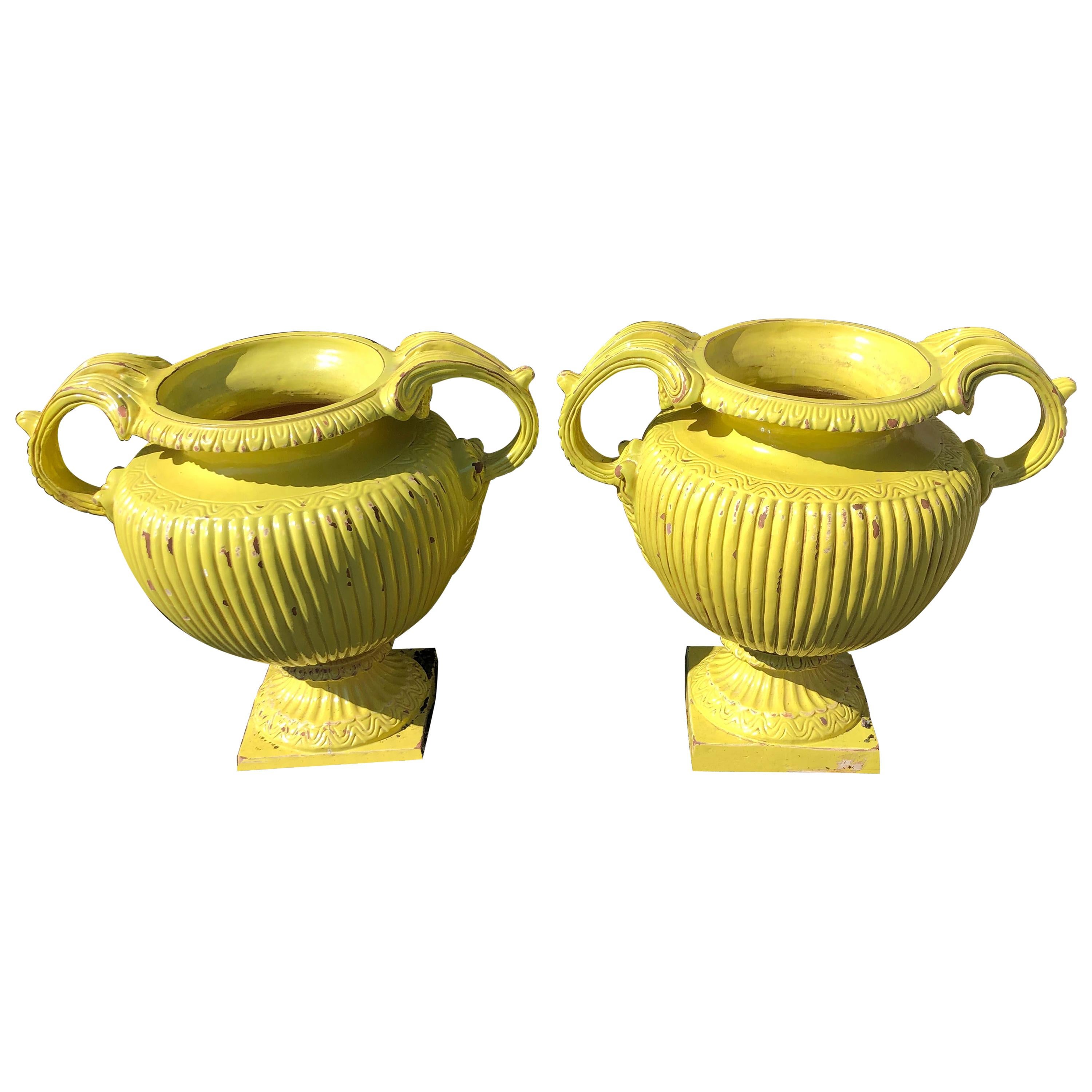 Sensational Pair of Bright Yellow Ceramic Vintage Handled Planter Jardinières