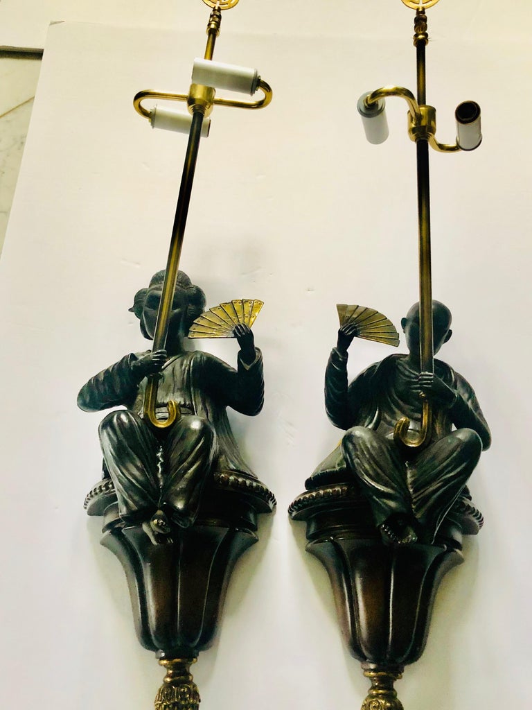 Chinoiserie Sensational Pair of Bronze Asian Figural Wall Sconces For Sale