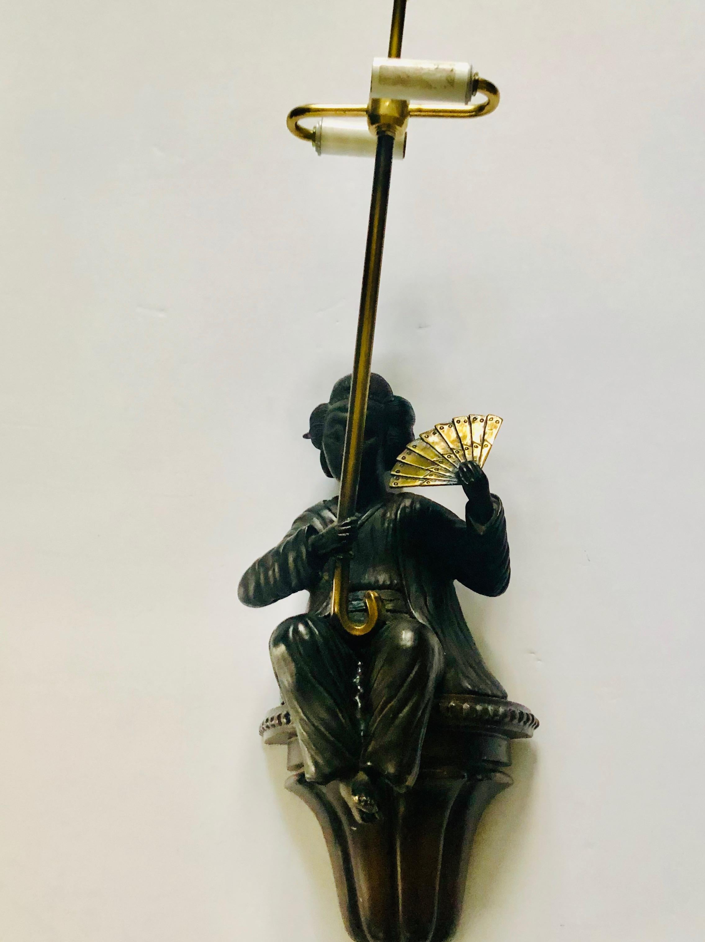 Sensational Pair of Bronze Asian Figural Wall Sconces In Good Condition For Sale In Hopewell, NJ