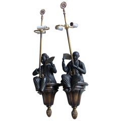 Vintage Sensational Pair of Bronze Asian Figural Wall Sconces