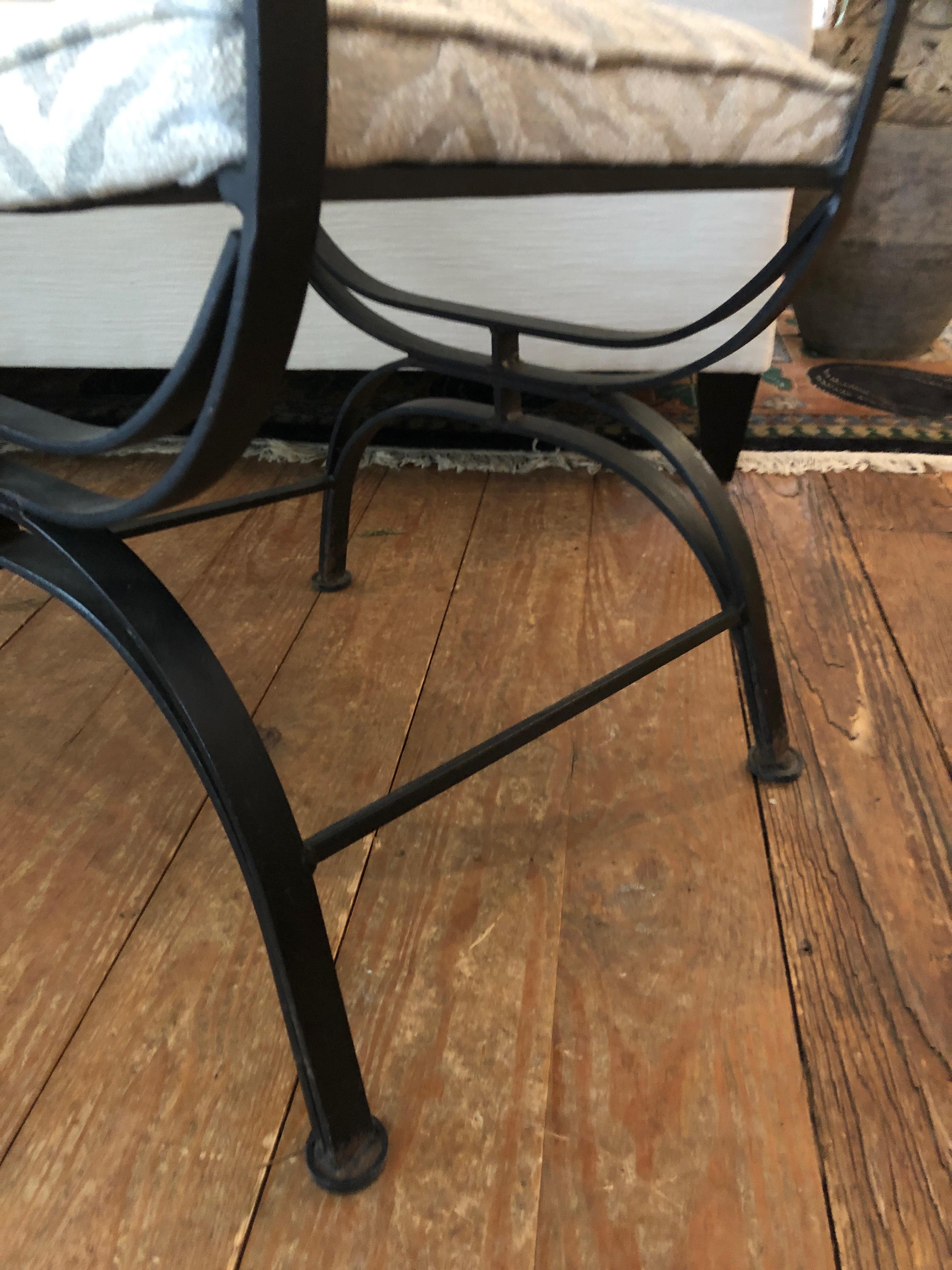 Sensational Pair of Campaign Style Wrought Iron Club Chairs with Leather Arms 8