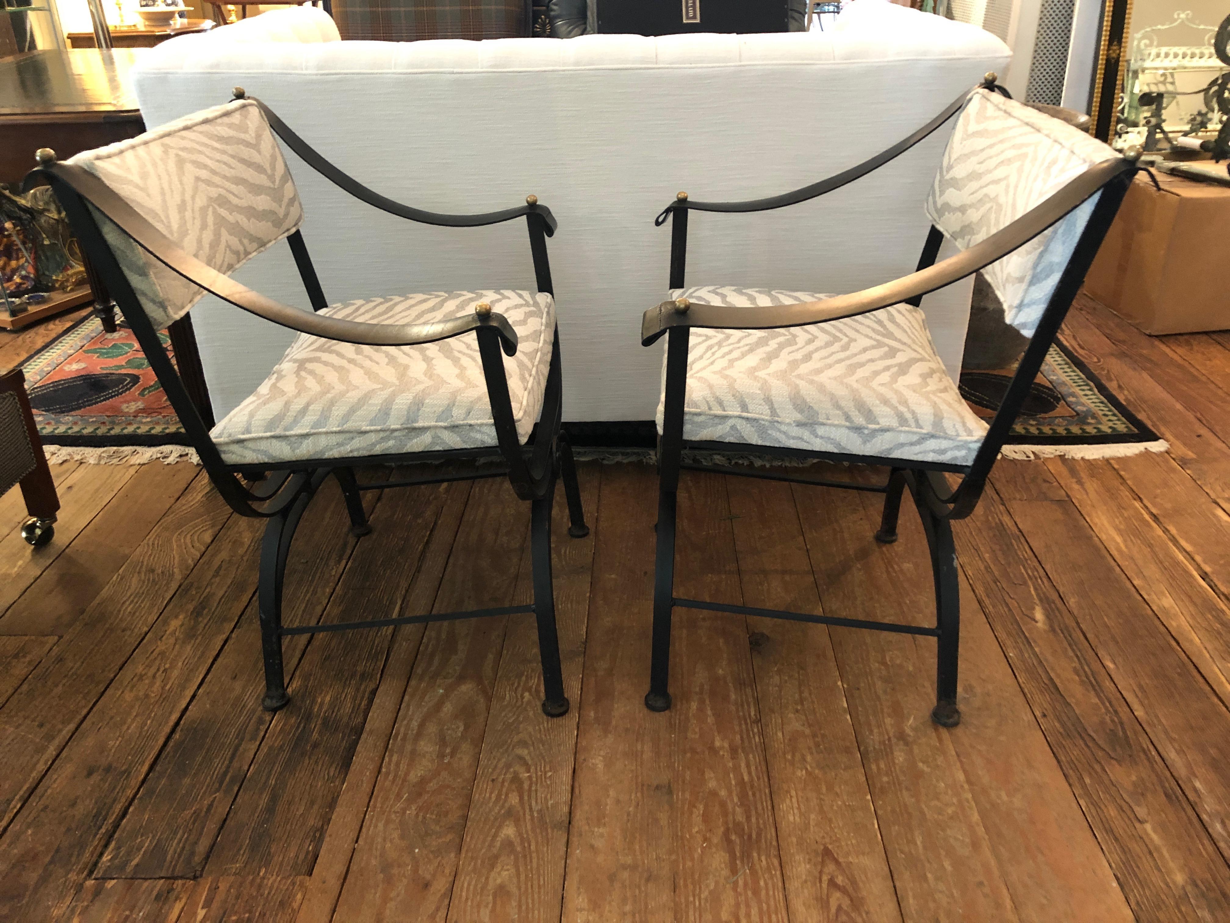 Sensational Pair of Campaign Style Wrought Iron Club Chairs with Leather Arms 4