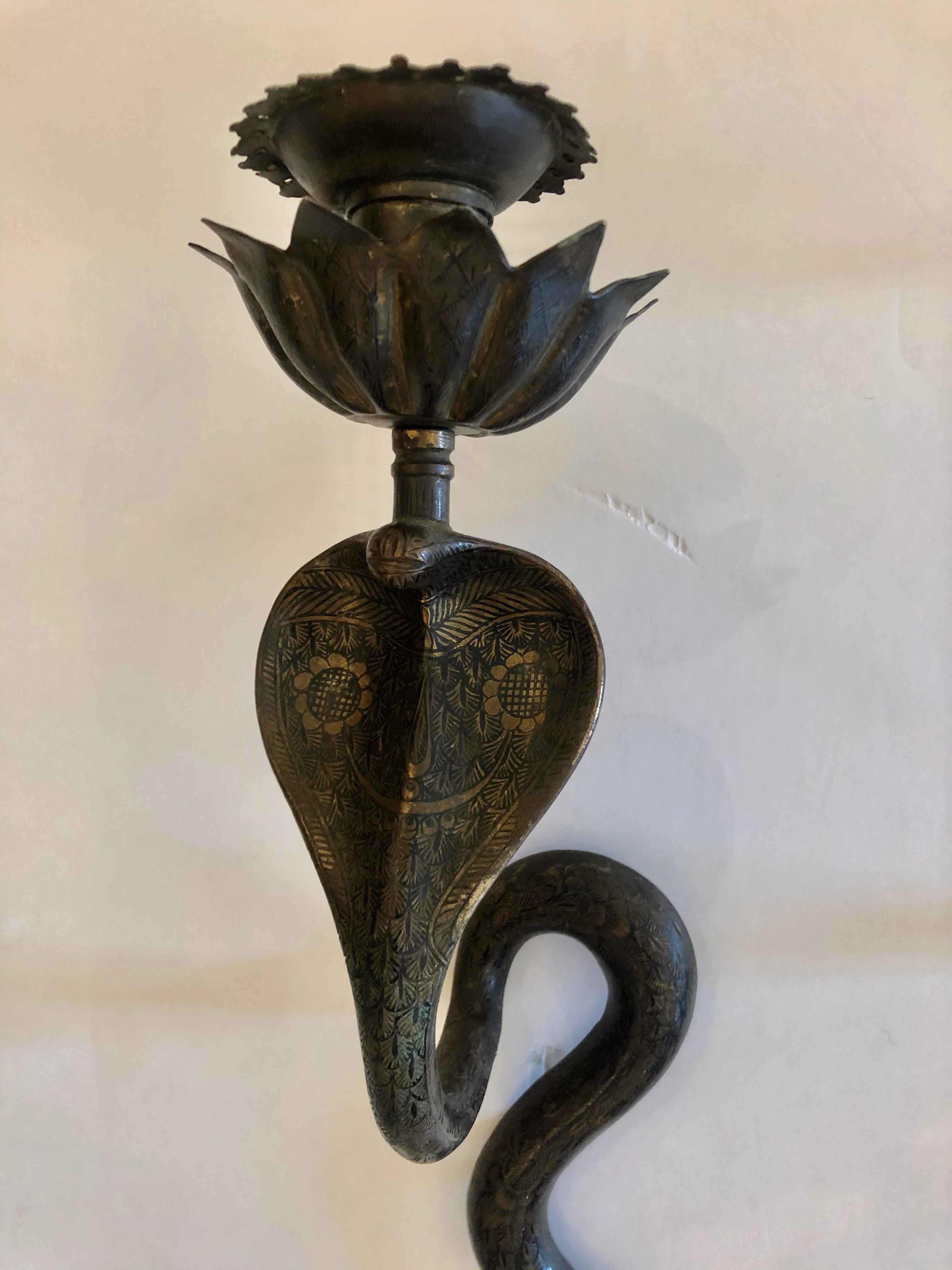 Indian Sensational Pair of Enamel Brass Egyptian Revival Cobra Candle Sconces