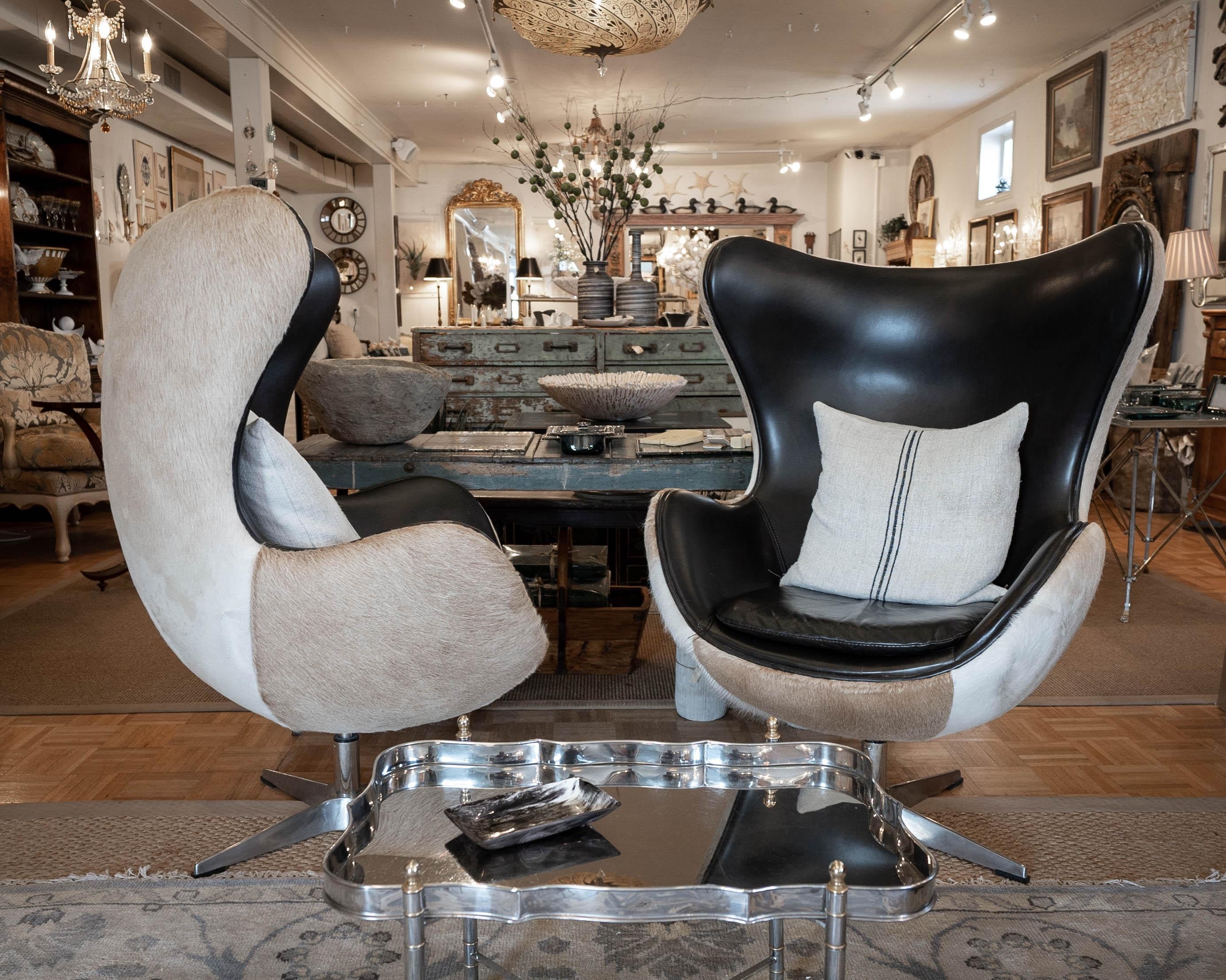 Sensational Pair of Hair on Hide & Leather Arne Jacobsen Inspired Egg Chairs For Sale 12