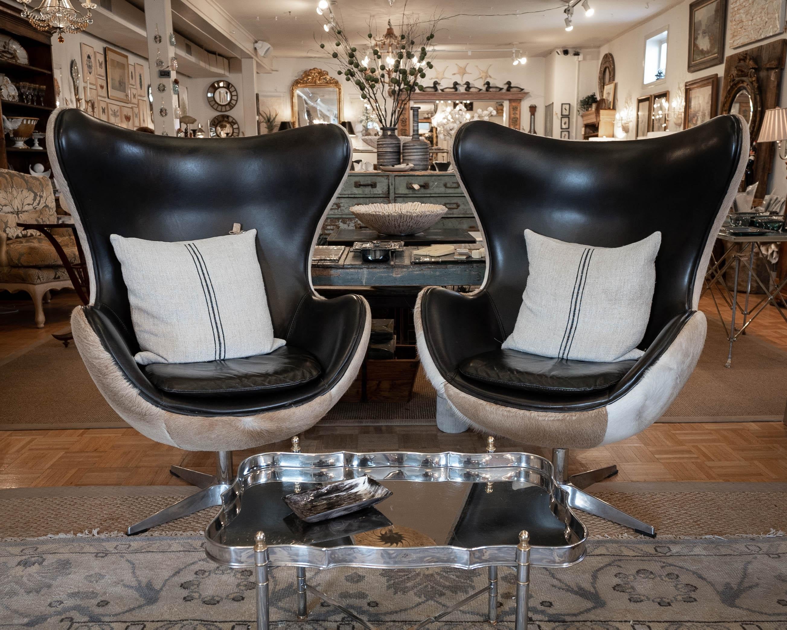 Sensational Pair of Hair on Hide & Leather Arne Jacobsen Inspired Egg Chairs For Sale 13