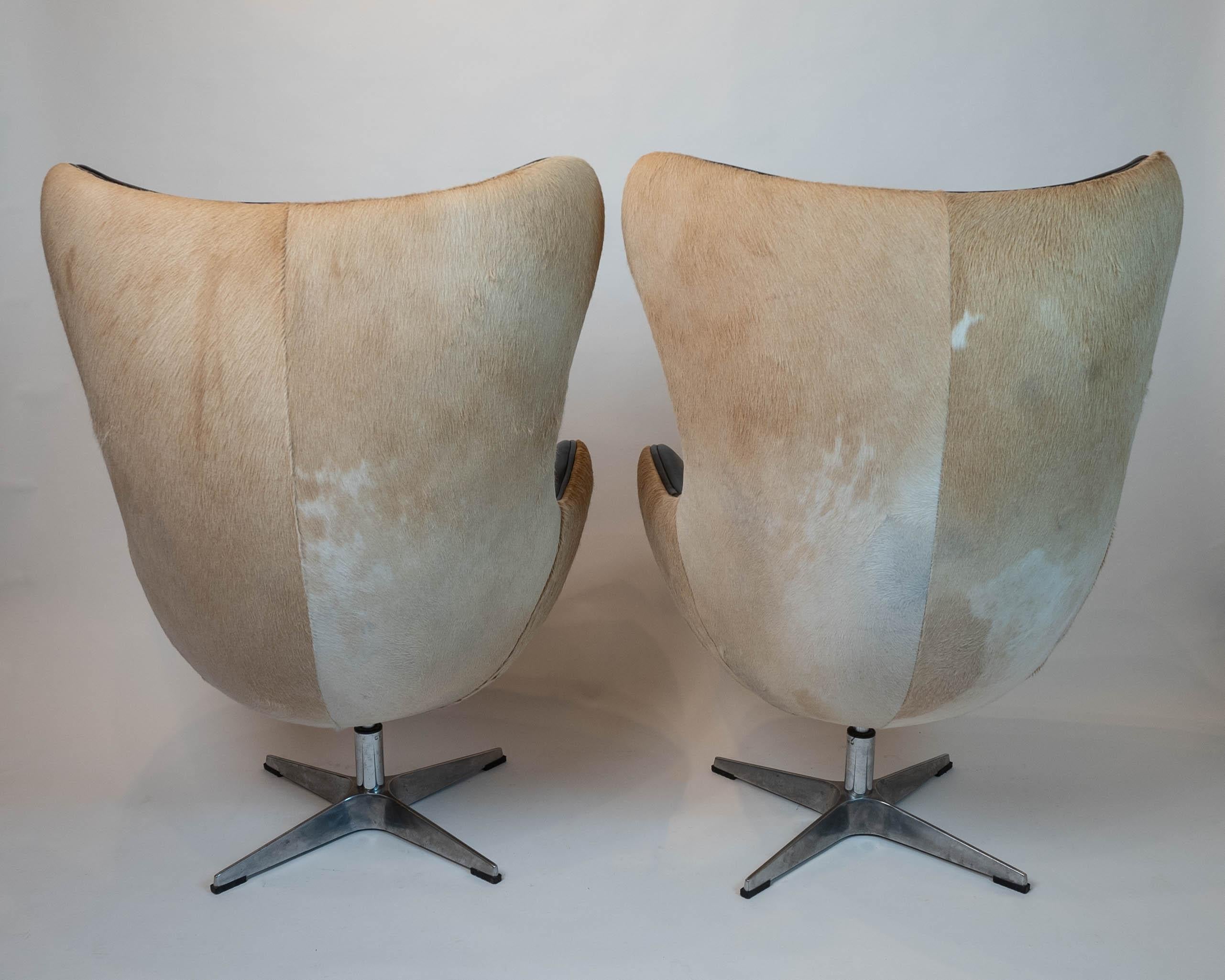 Mid-Century Modern Sensational Pair of Hair on Hide & Leather Arne Jacobsen Inspired Egg Chairs For Sale