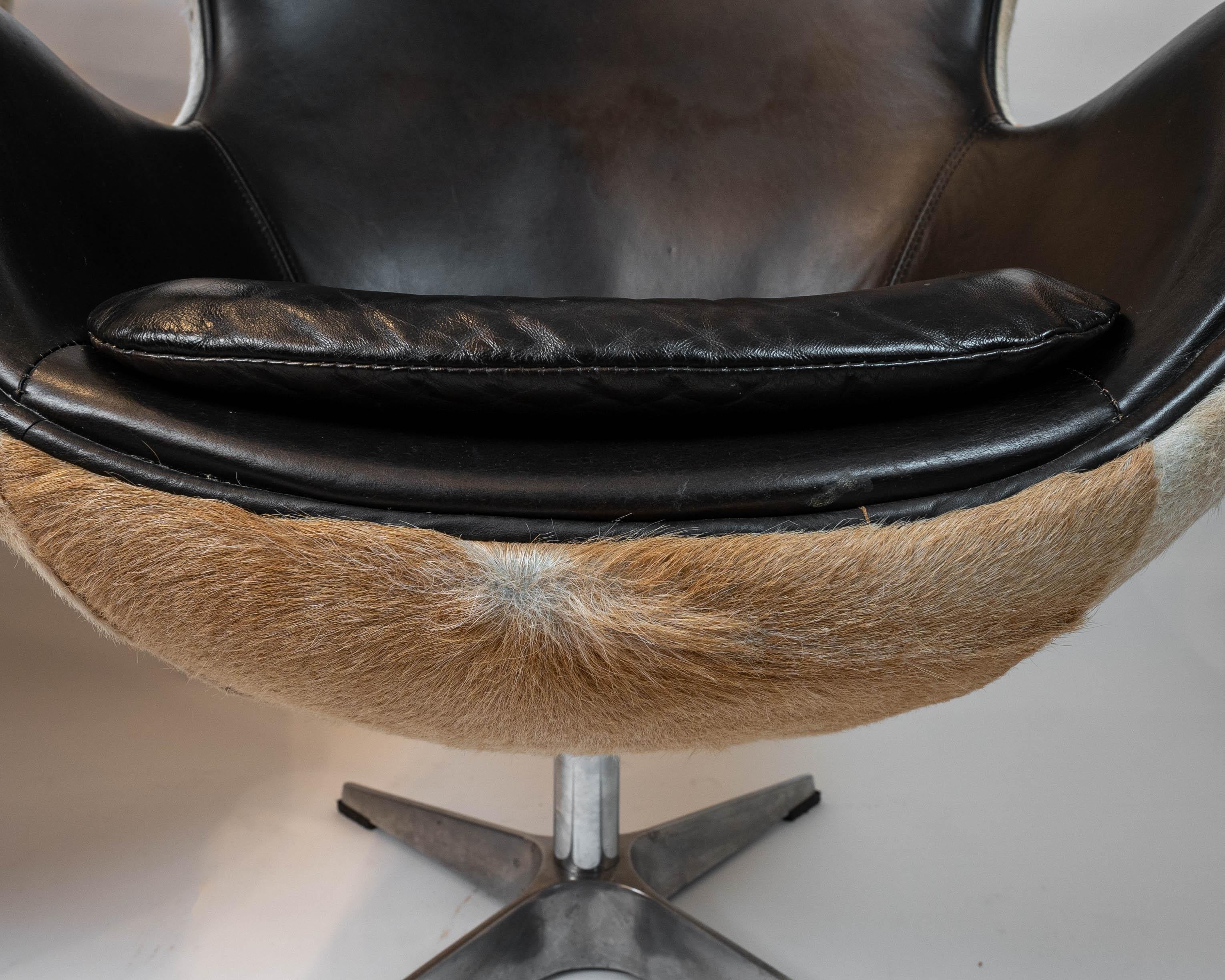 Sensational Pair of Hair on Hide & Leather Arne Jacobsen Inspired Egg Chairs In Good Condition For Sale In Hopewell, NJ