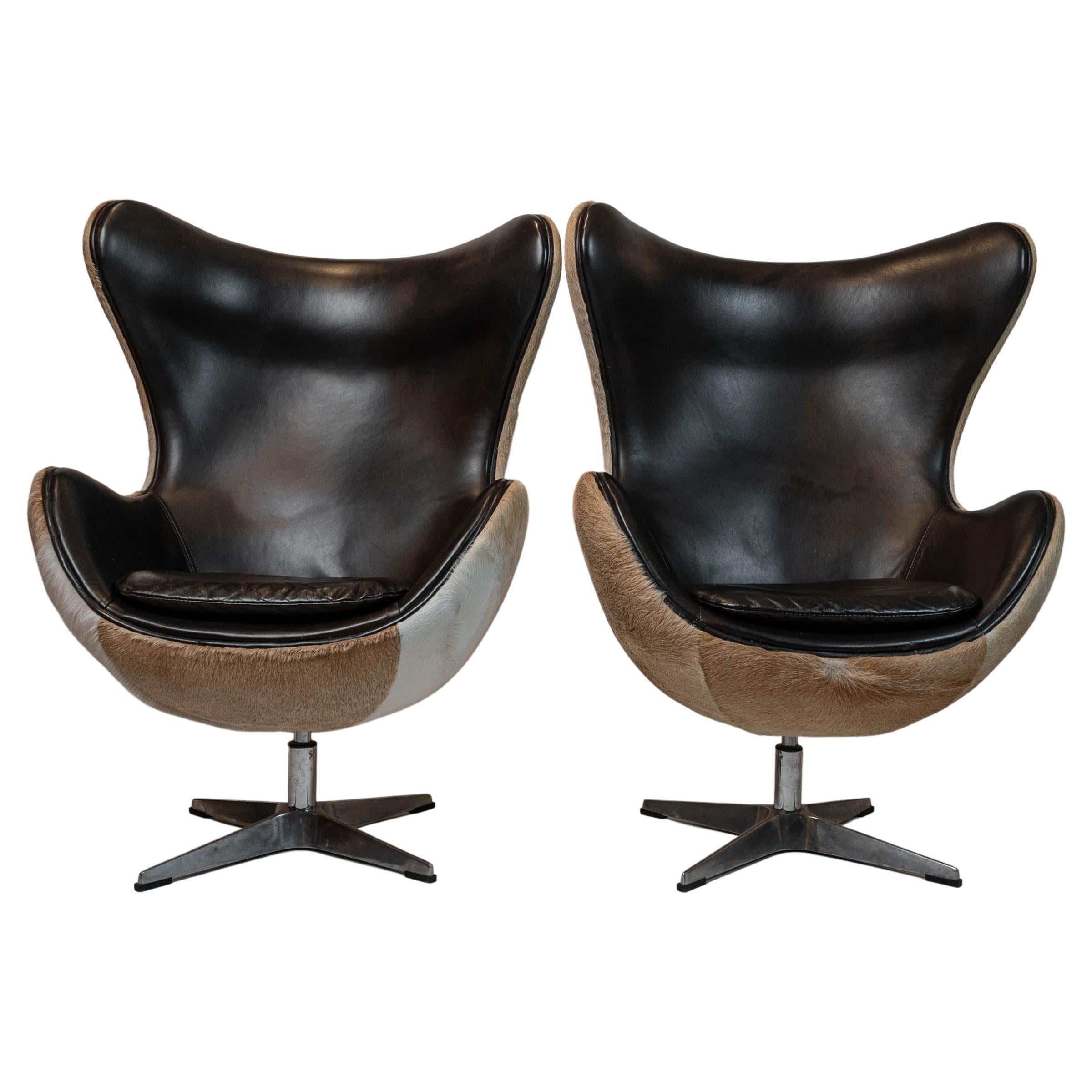 Sensational Pair of Hair on Hide & Leather Arne Jacobsen Inspired Egg Chairs For Sale
