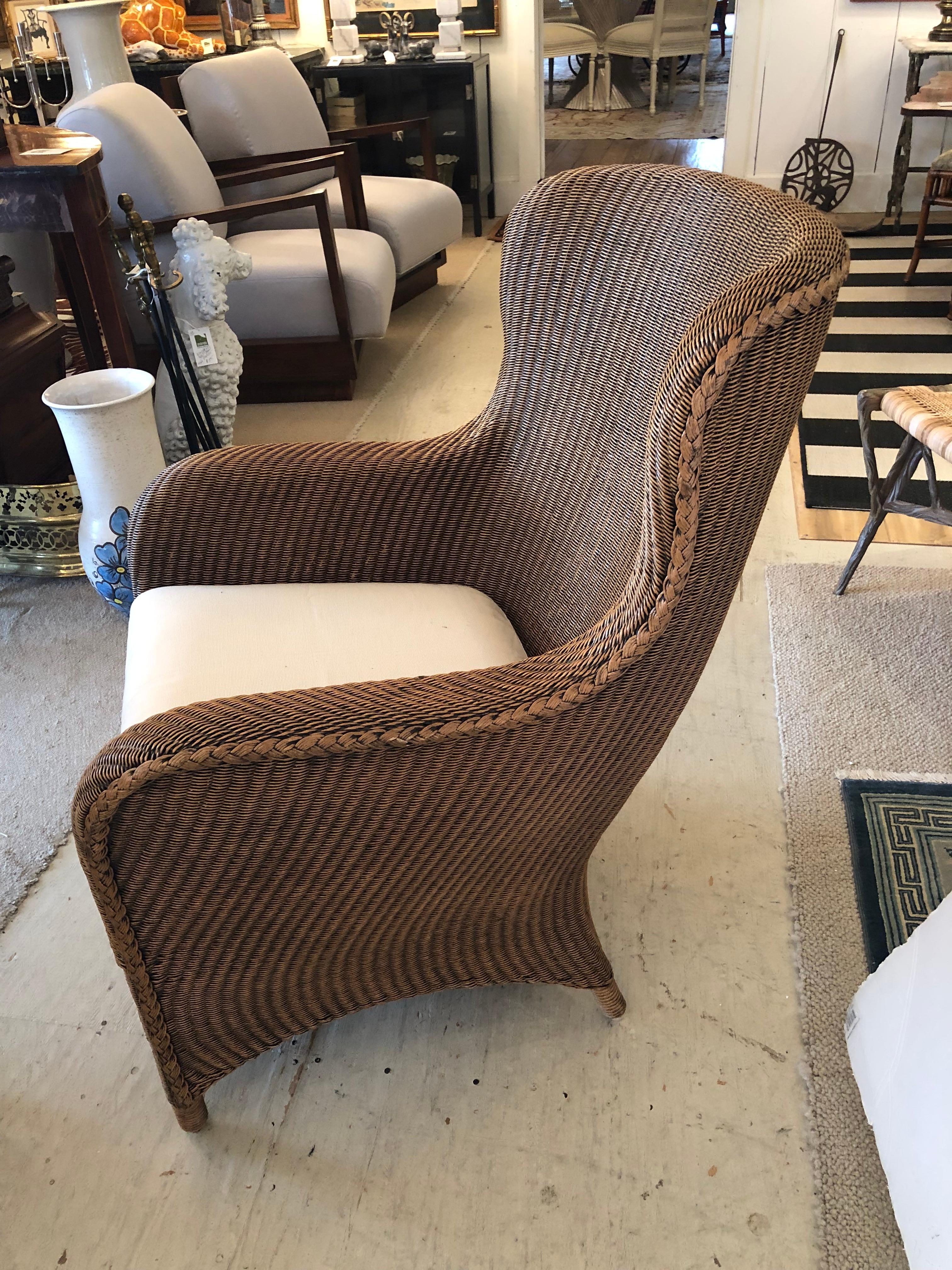 Sensational Pair of Large Curvy Natural Brown Wicker Lounge Club Chairs For Sale 6