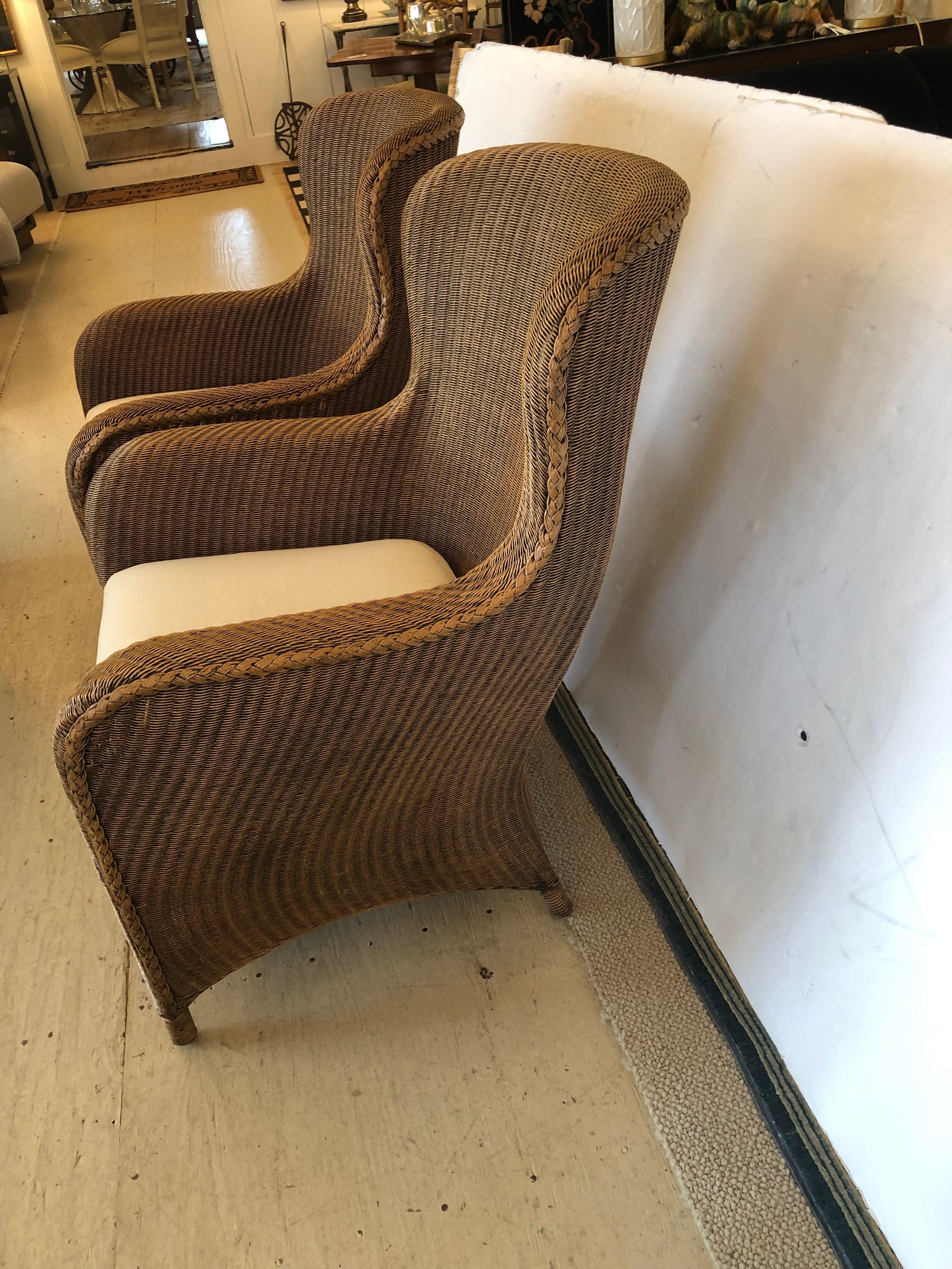 Sensational Pair of Large Curvy Natural Brown Wicker Lounge Club Chairs For Sale 8
